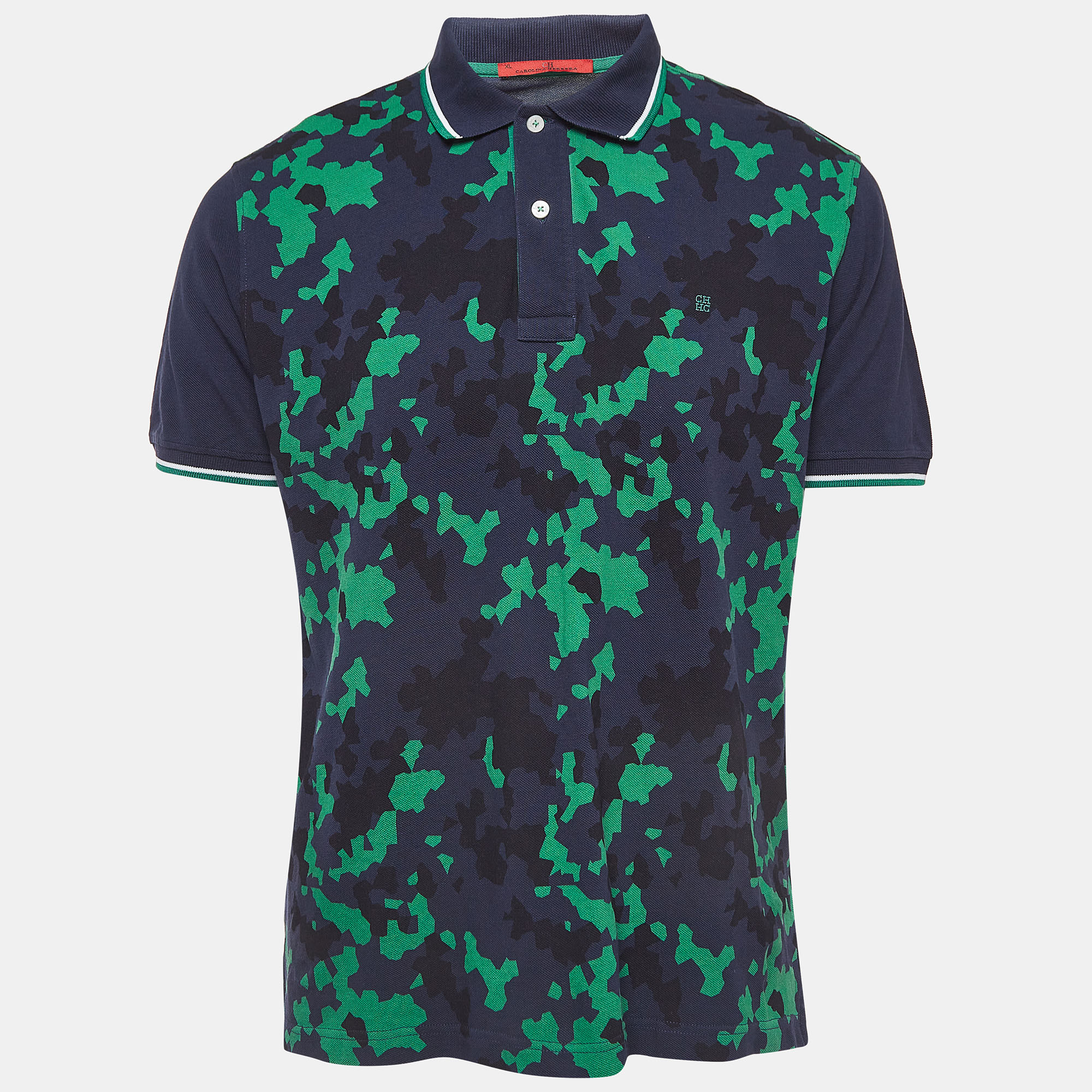 Ch carolina herrera navy blue camouflage print cotton pique polo t-shirt xl
