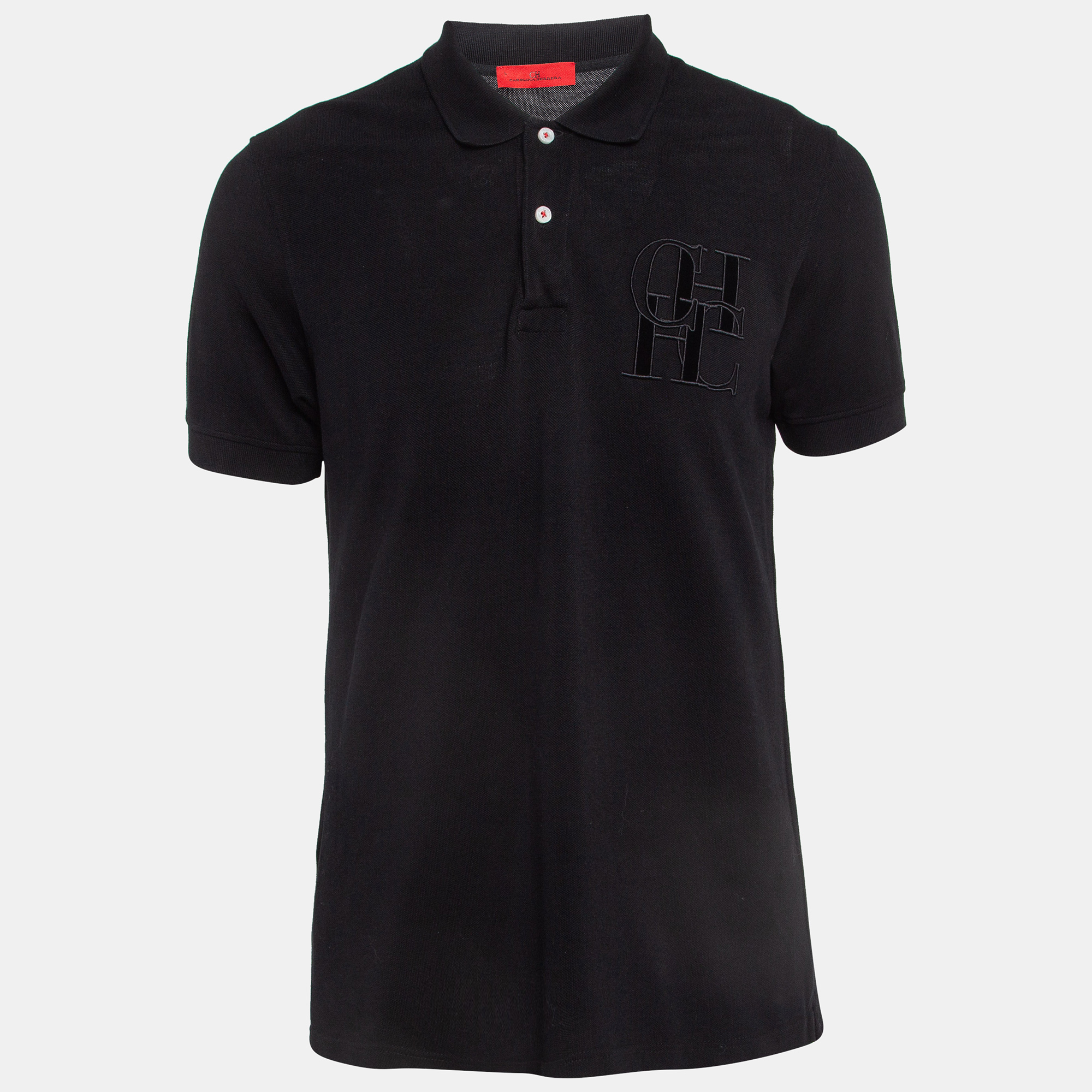 Ch carolina herrera black embroidered cotton pique polo t-shirt l
