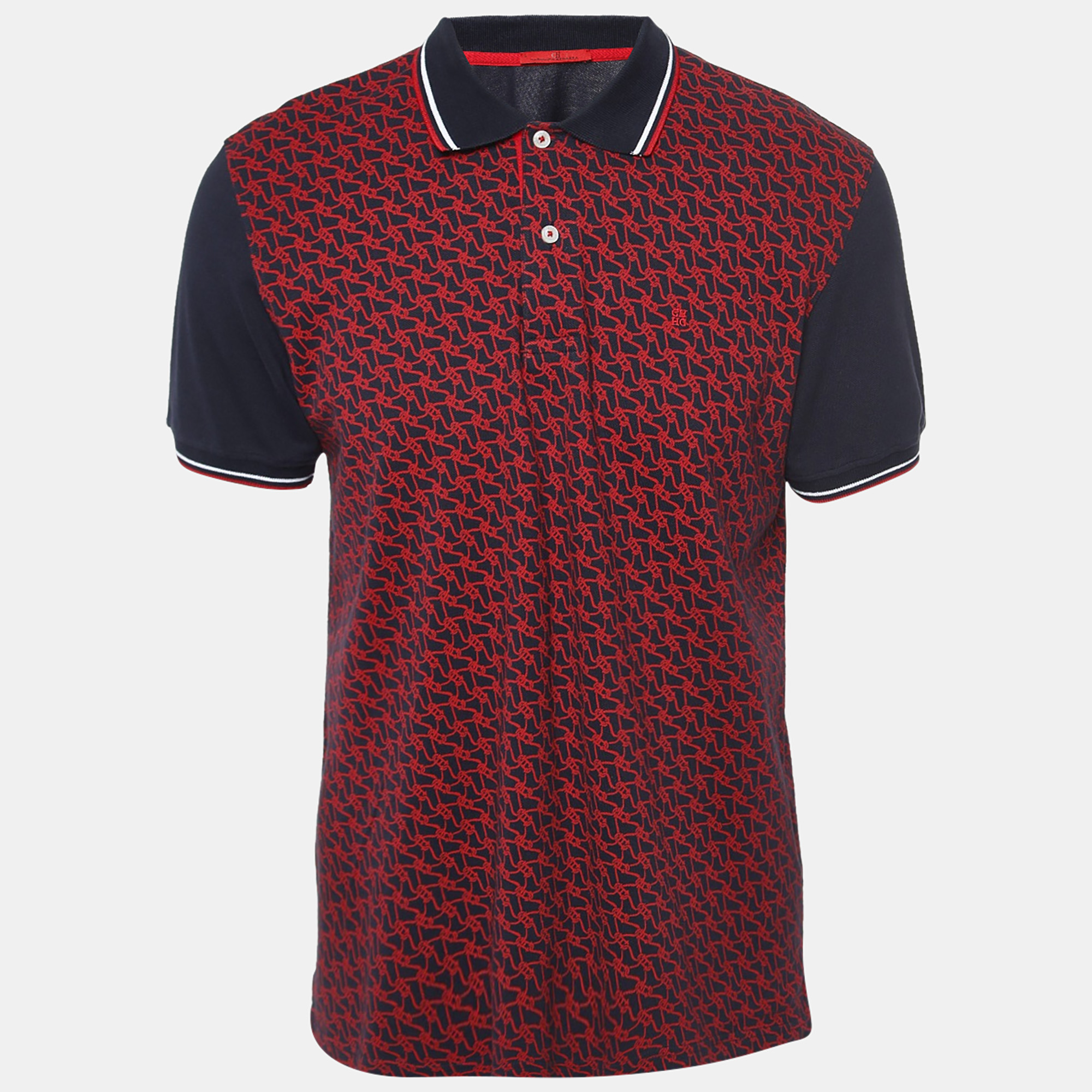 Ch carolina herrera navy blue/red printed cotton pique polo t-shirt l