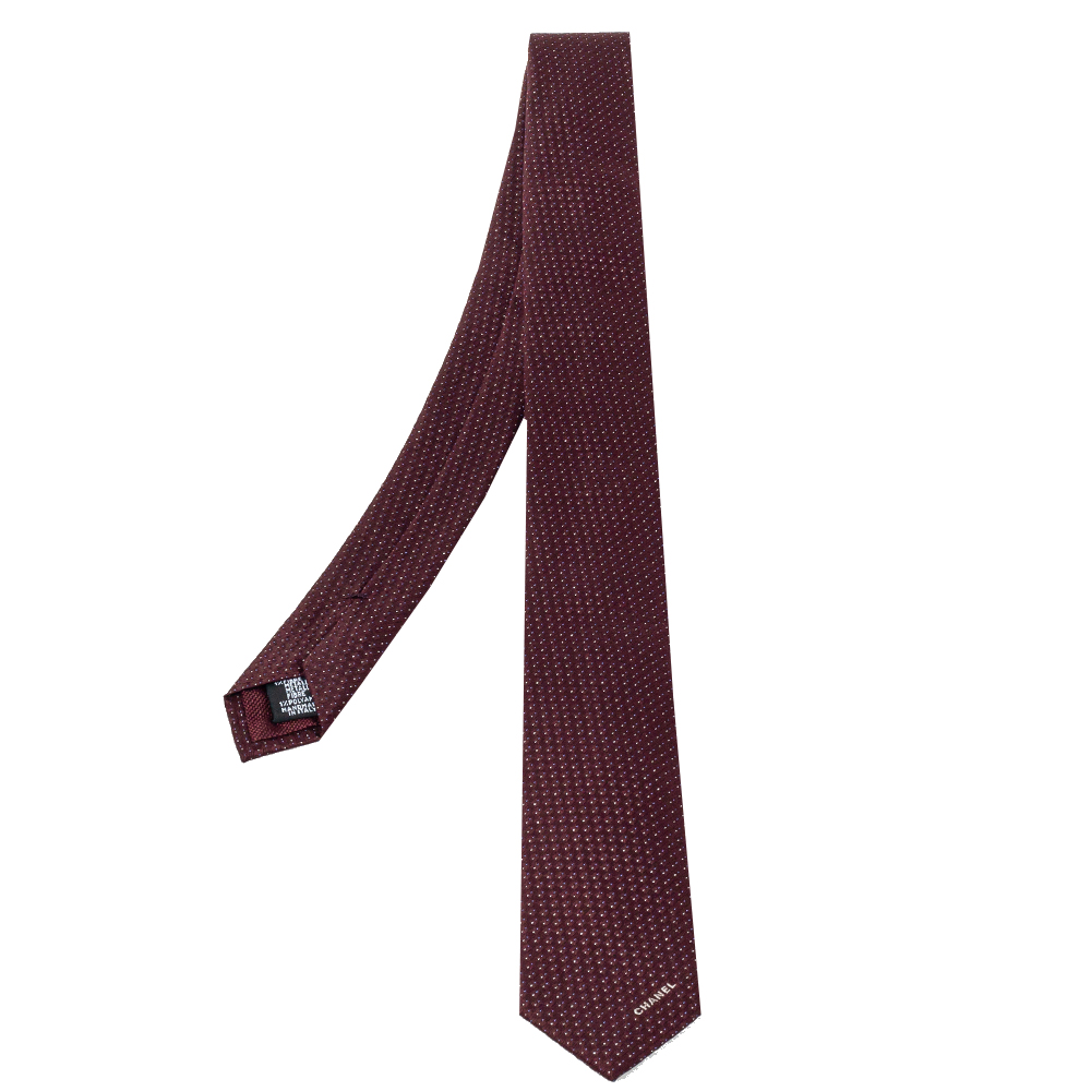 Chanel Burgundy Lurex Jacquard Silk Skinny Tie