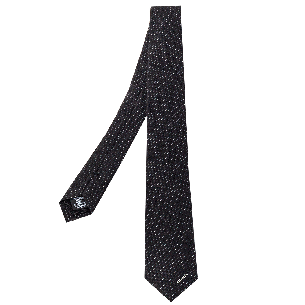 Chanel Black Lurex Jacquard Silk Skinny Tie