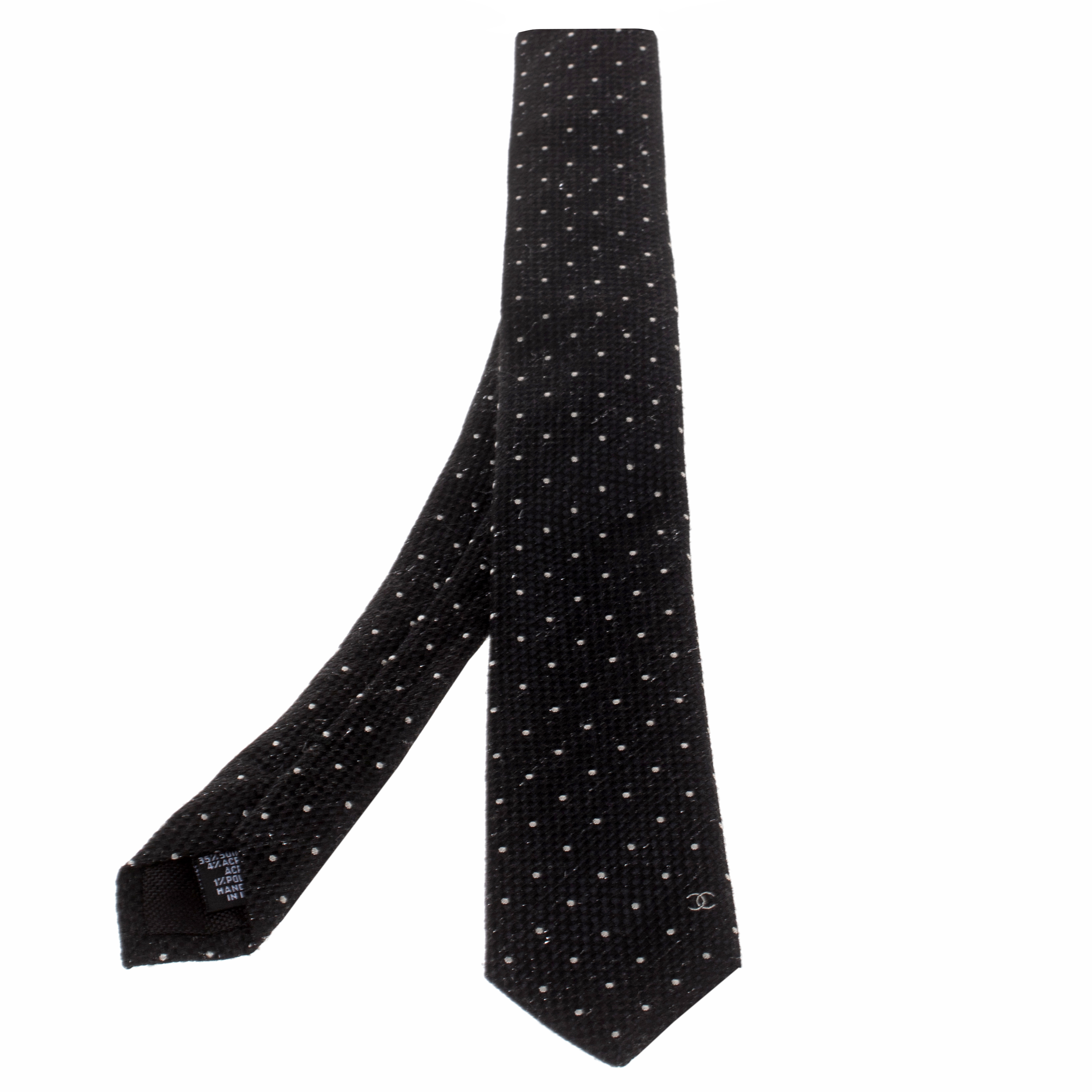 Chanel Black Dot Lurex Textured Skinny Silk Tie