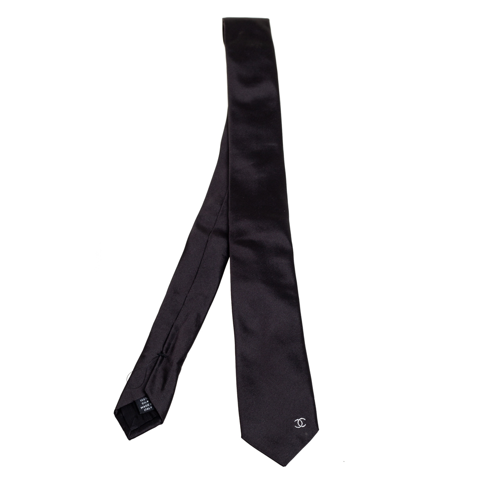 Chanel Black Logo Detail Skinny Silk Tie