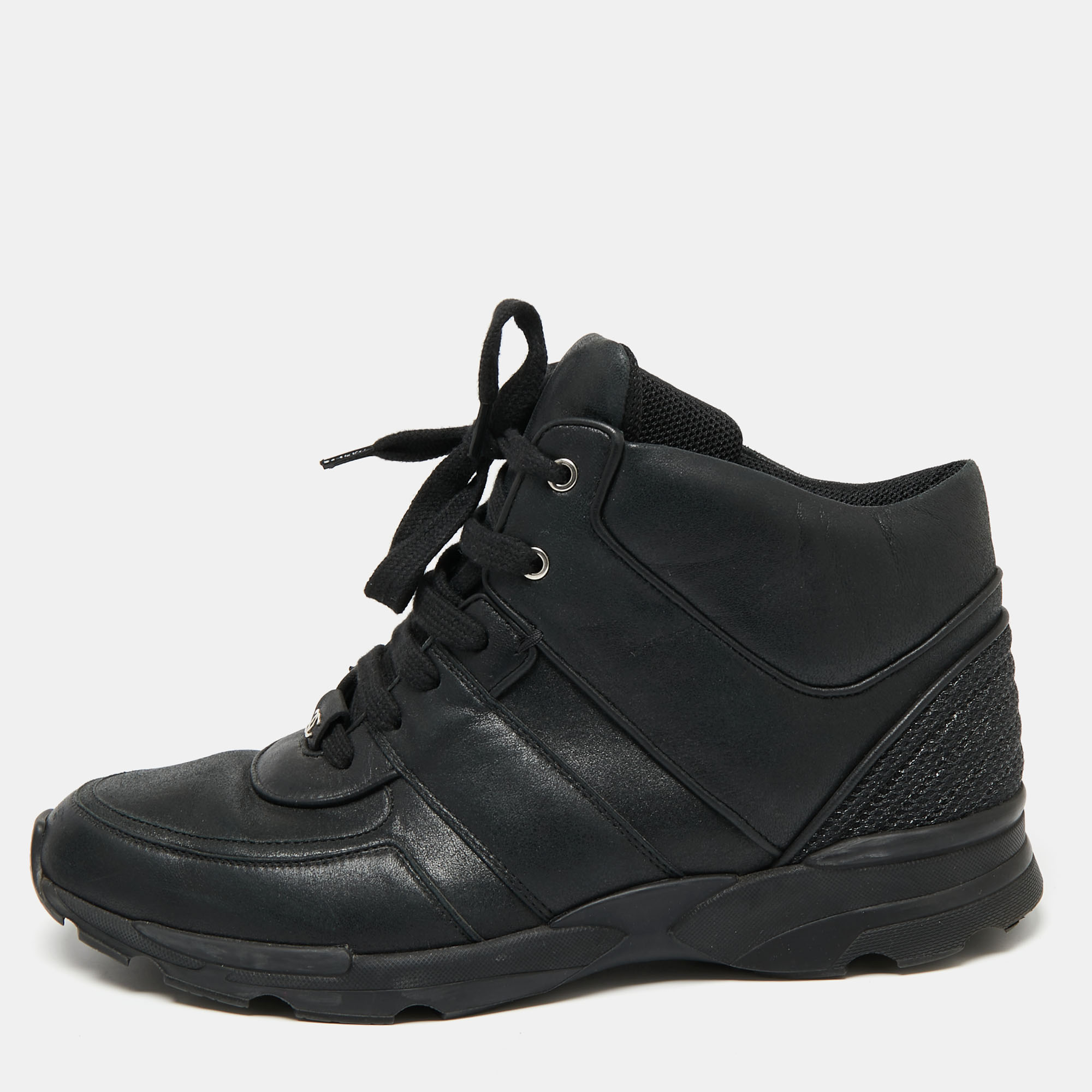 Chanel Black Leather And Mesh CC High Top Sneakers Size 43