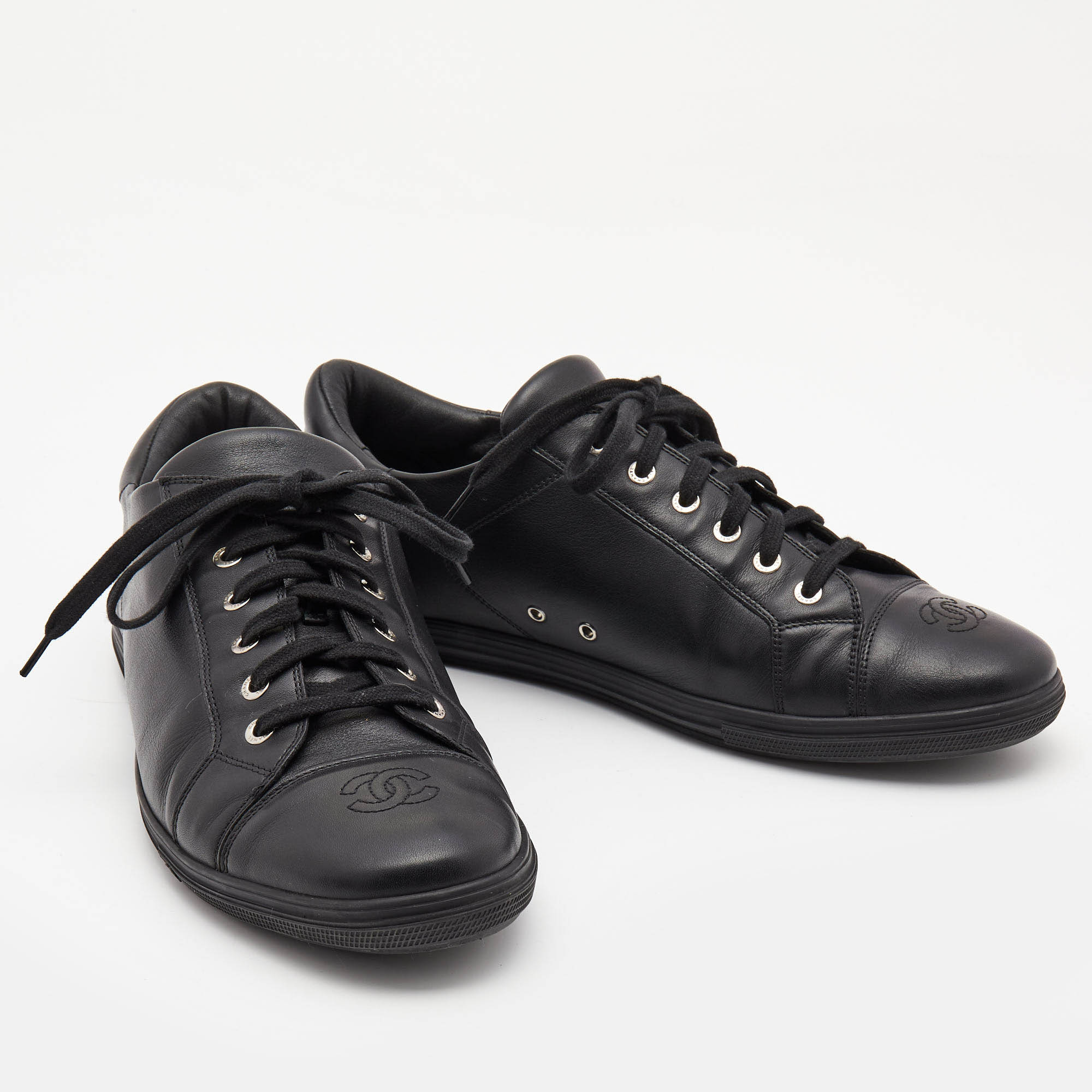 Chanel Black Leather CC Cap Toe Low Top Sneakers Size 44