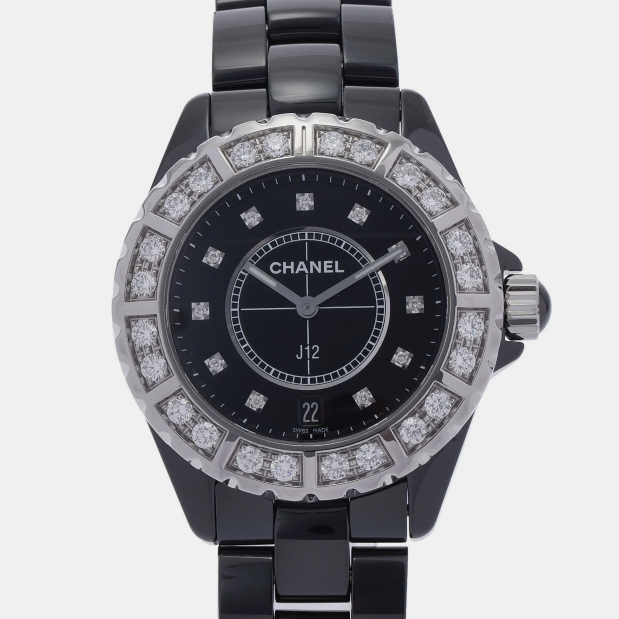 Chanel Black Diamond Ceramic  J12 H2428 Quartz Men's Wristwatch 38 Mm