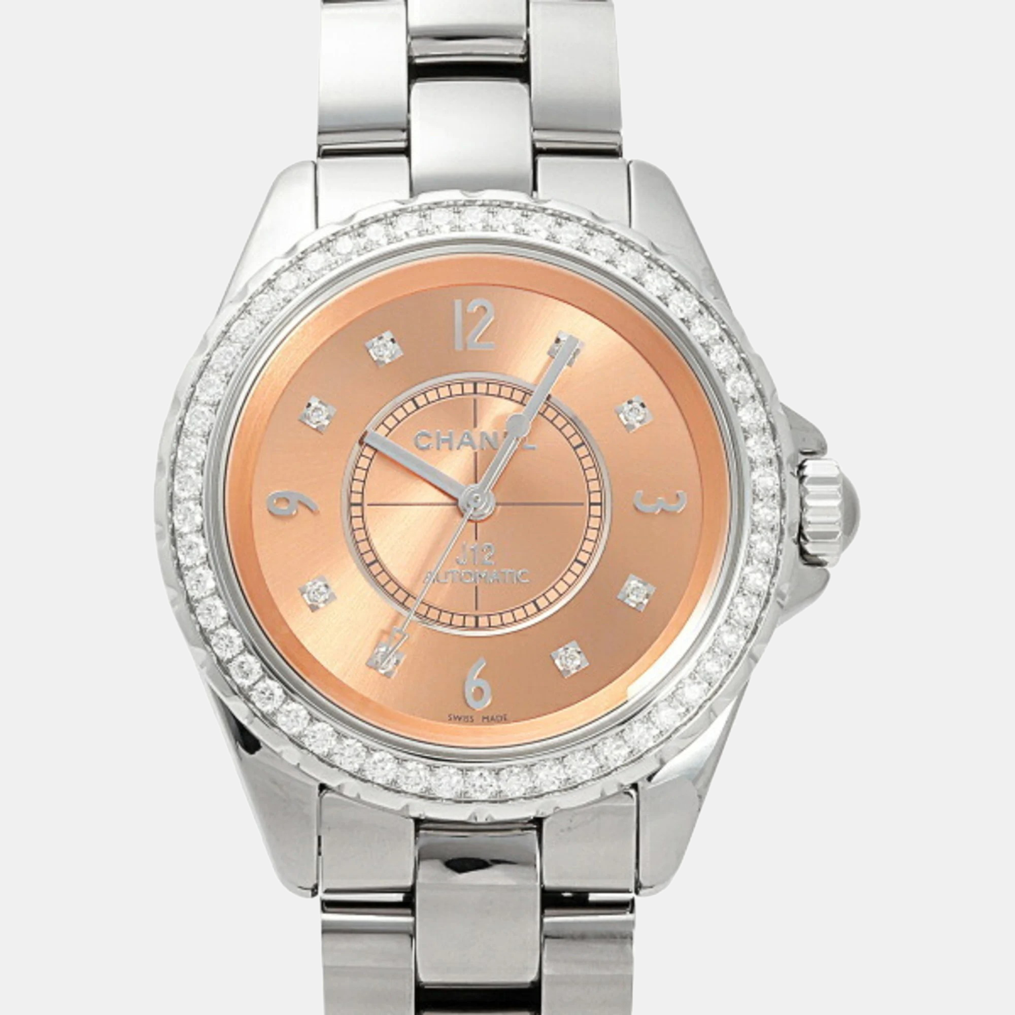 Chanel Pink Ceramic J12 H2564 Automatic Men's Wristwatch 38 Mm