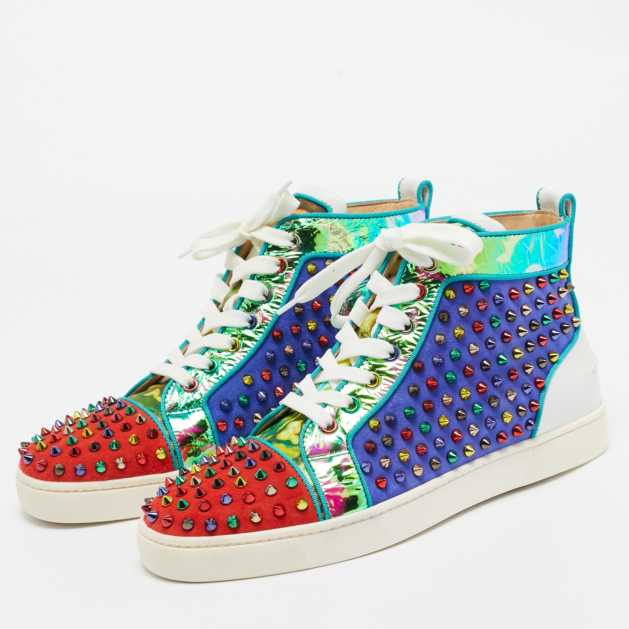 Christian Louboutin Multicolor Suede And Leather Louis Spikes High Top Sneakers Size 41