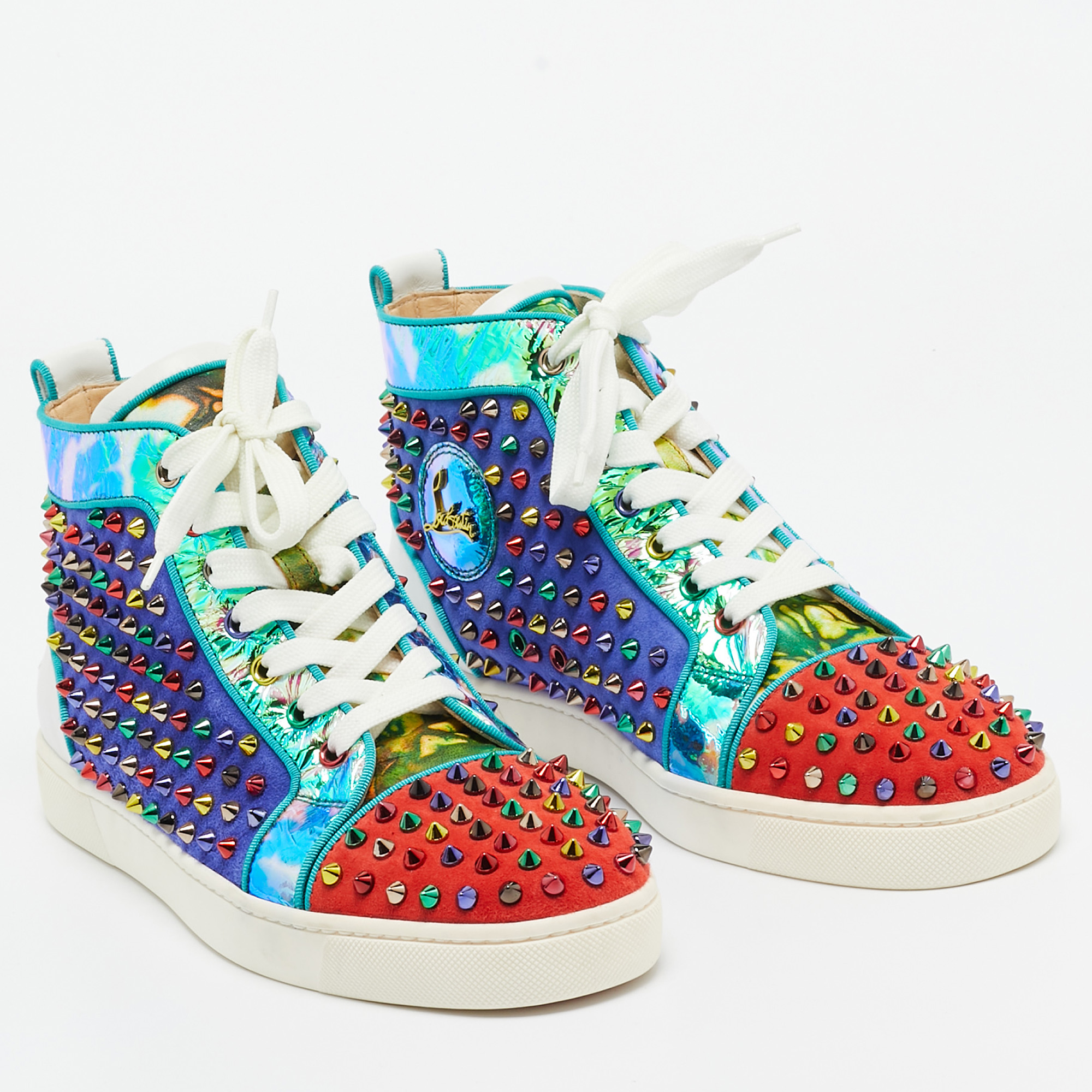 Christian Louboutin Multicolor Suede And Leather Louis Spikes High Top Sneakers Size 41