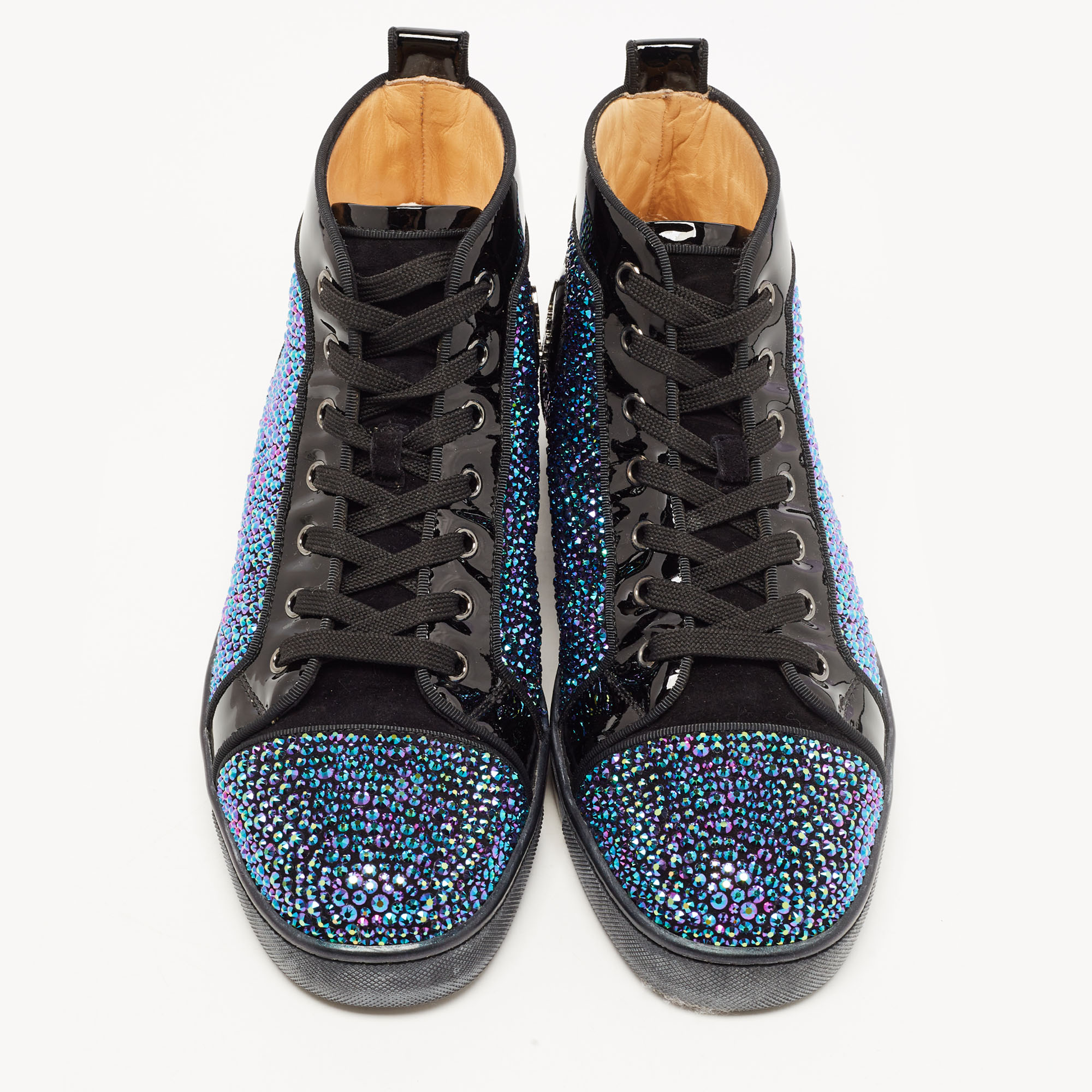 Christian Louboutin Black Patent Leather And Suede Embellished Louis High-Top Sneakers Size 40.5