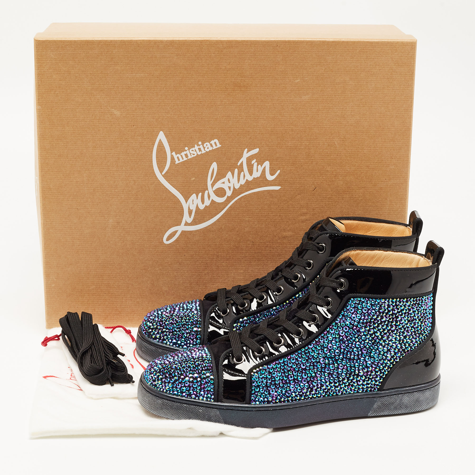 Christian Louboutin Black Patent Leather And Suede Embellished Louis High-Top Sneakers Size 40.5