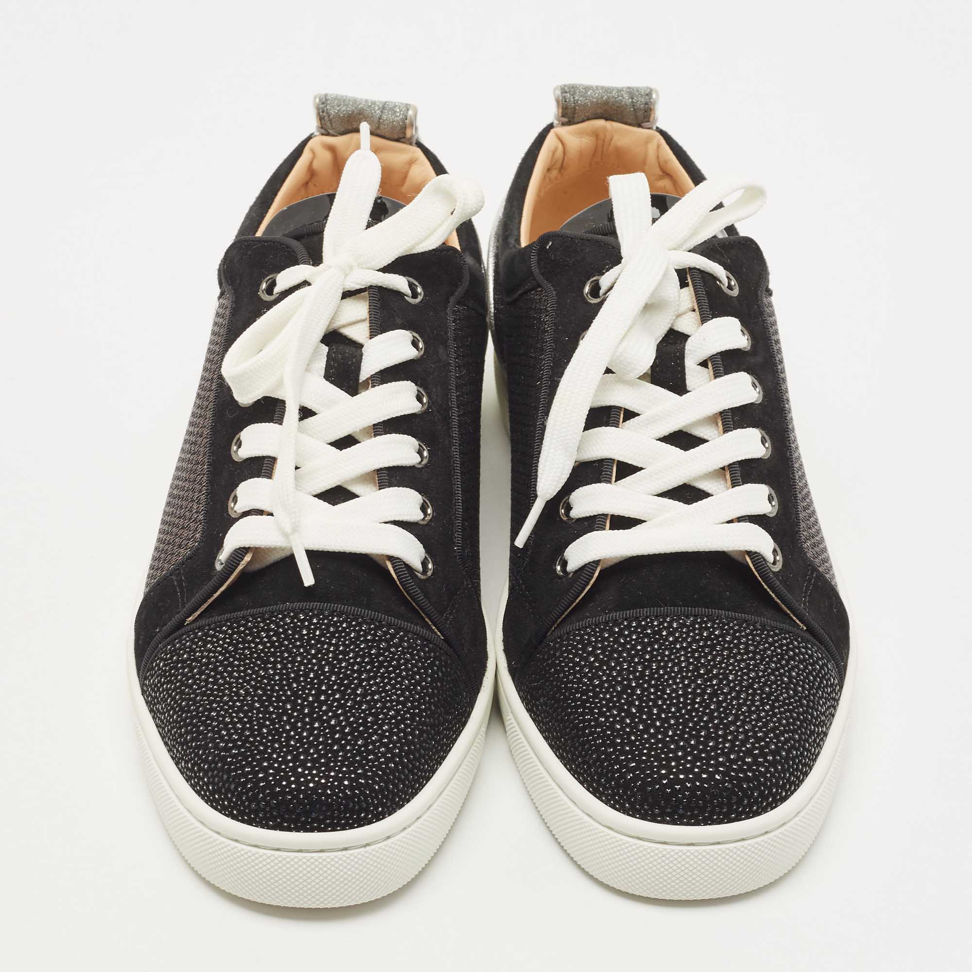 Christian Louboutin Black/Silver Suede Louis Junior Strass Low Top Sneakers Size 40.5
