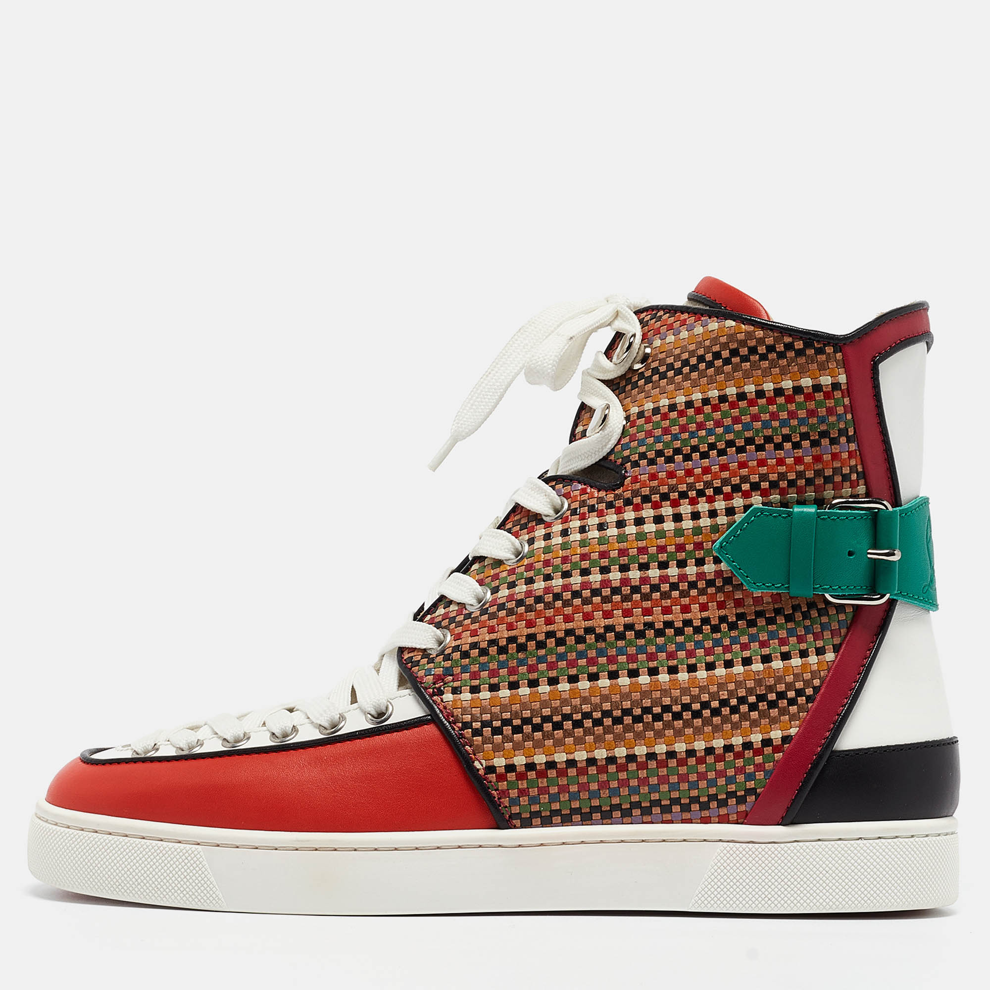 Christian louboutin multicolor woven leather buckle detail high top sneakers size 42.5