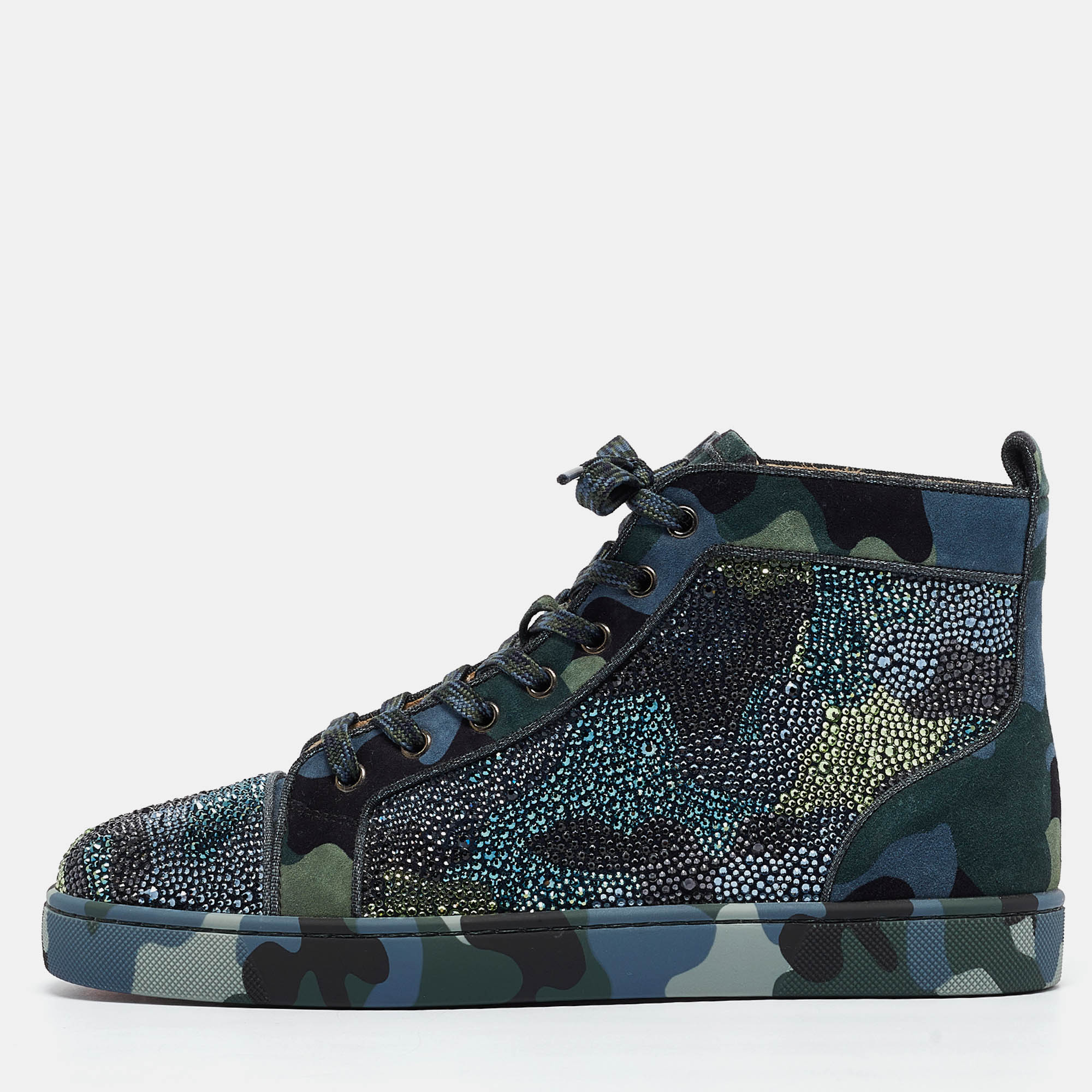 Christian louboutin blue/green camouflage suede embellished louis orlato sneakers size 42