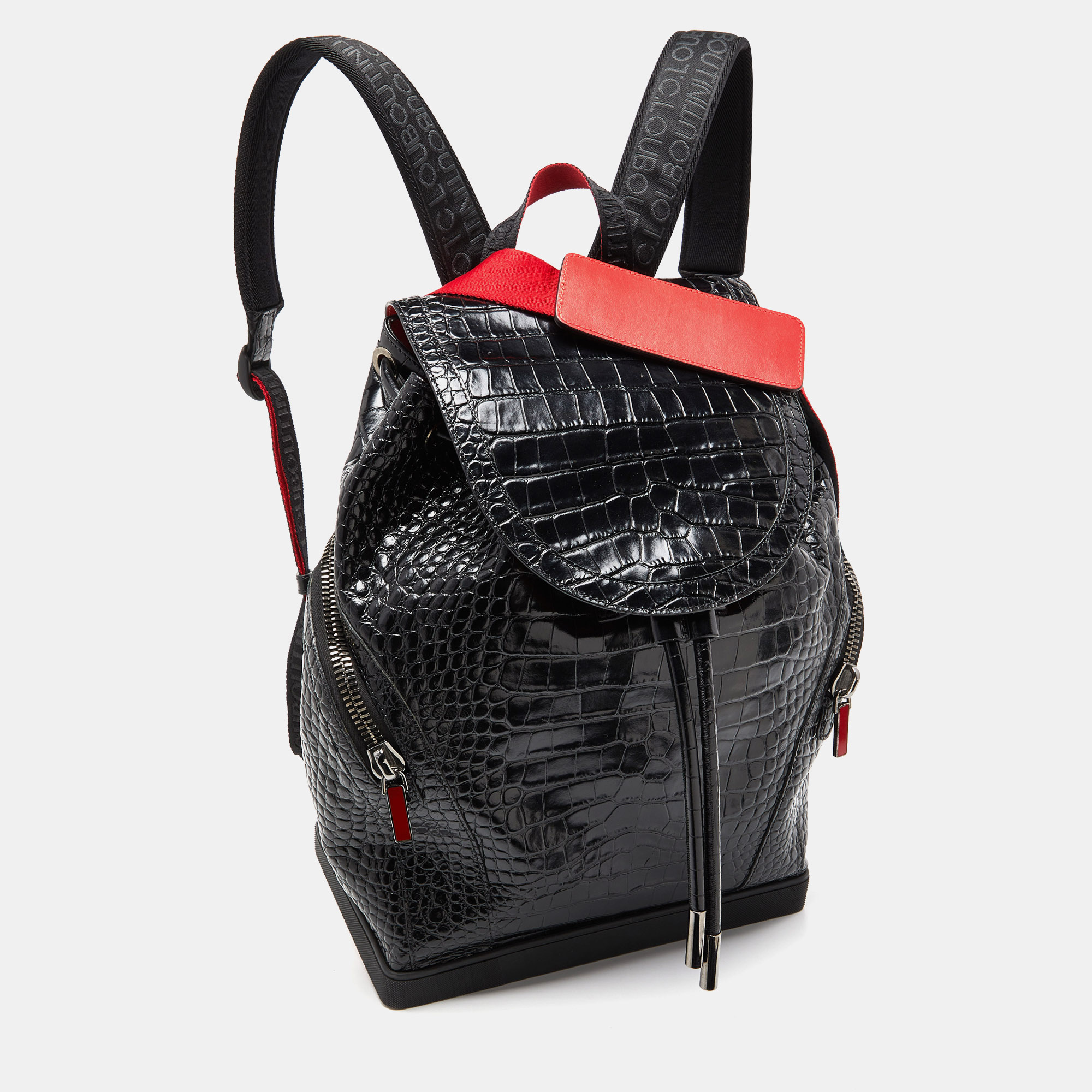 Christian Louboutin Black/Red Croc Embossed Leather And Rubber Explorafunk Backpack