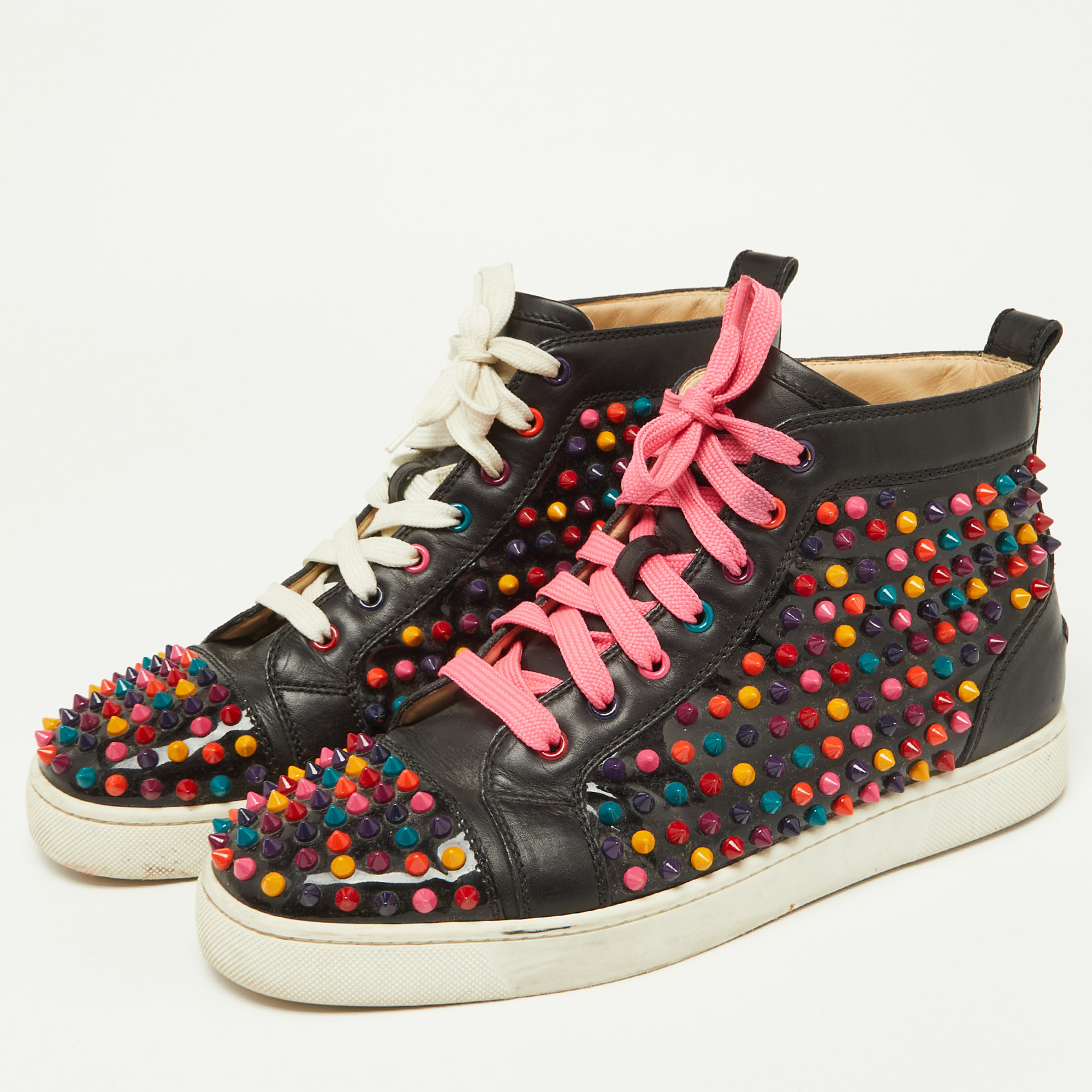 Christian Louboutin Black Patent And Leather Multicolor Spikes Louis Sneakers Size 42