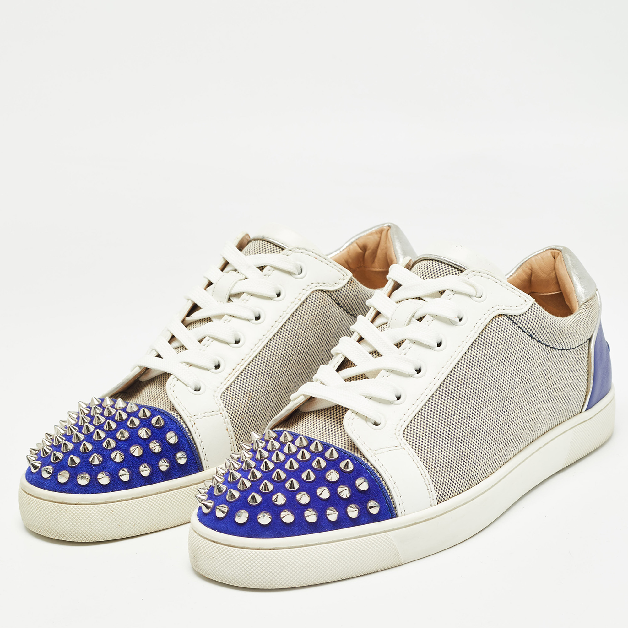 Christian Louboutin Tricolor Canvas And Suede Louis Junior Spikes Sneakers Size 41.5