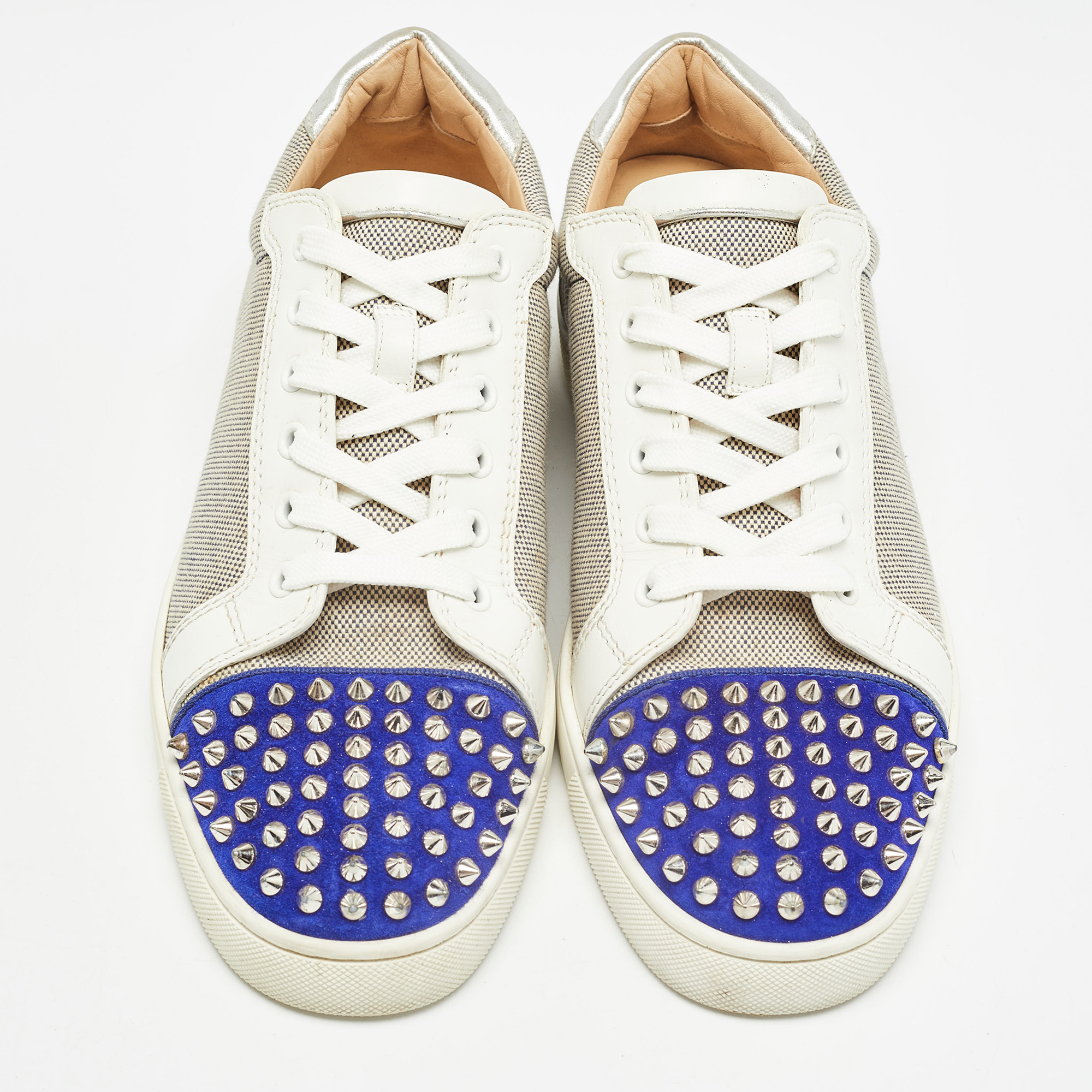 Christian Louboutin Tricolor Canvas And Suede Louis Junior Spikes Sneakers Size 41.5