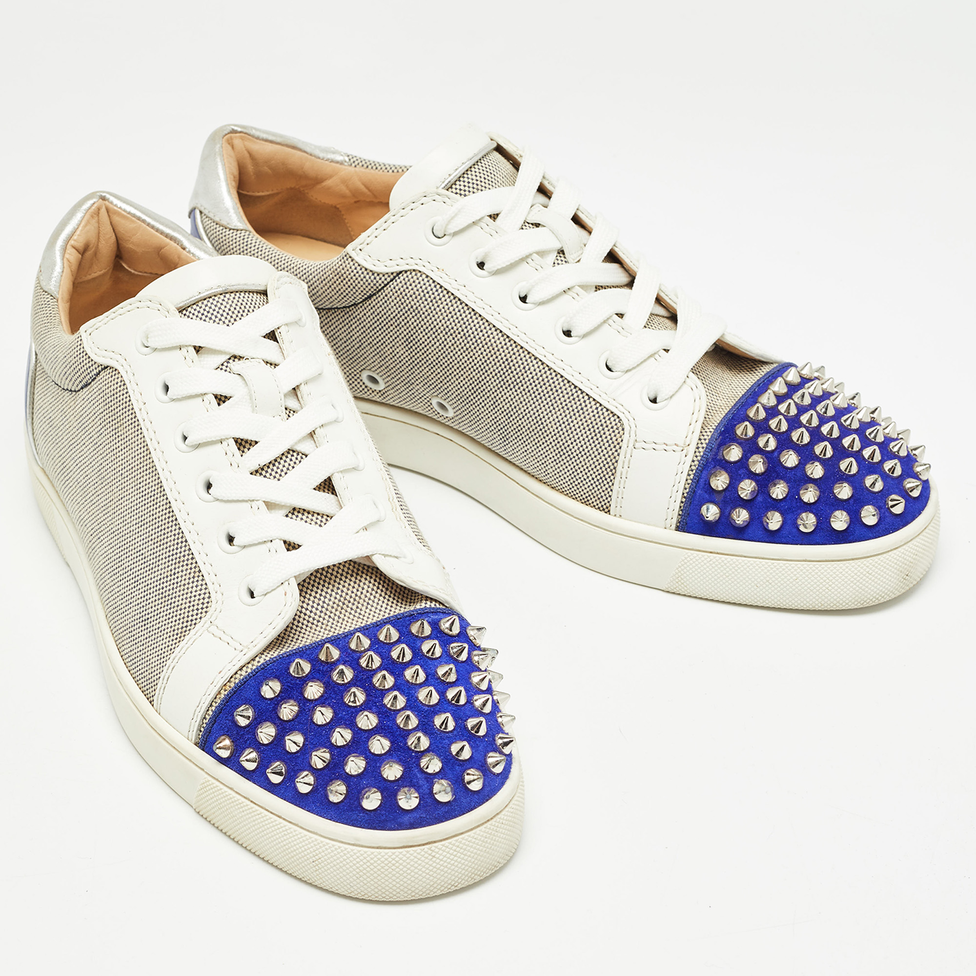 Christian Louboutin Tricolor Canvas And Suede Louis Junior Spikes Sneakers Size 41.5