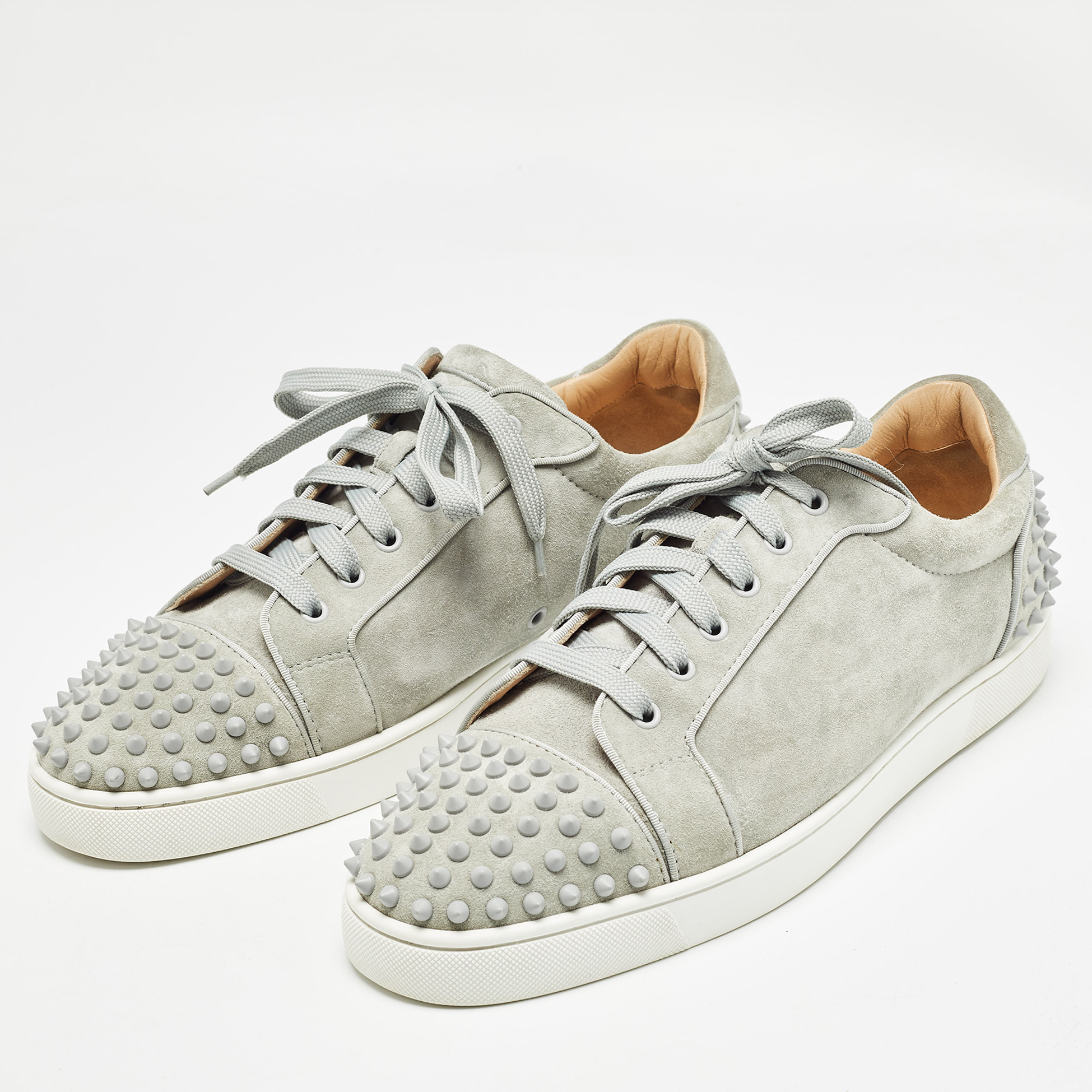 Christian Louboutin Grey Suede Louis Junior Spike Low Top Sneakers Size 45.5