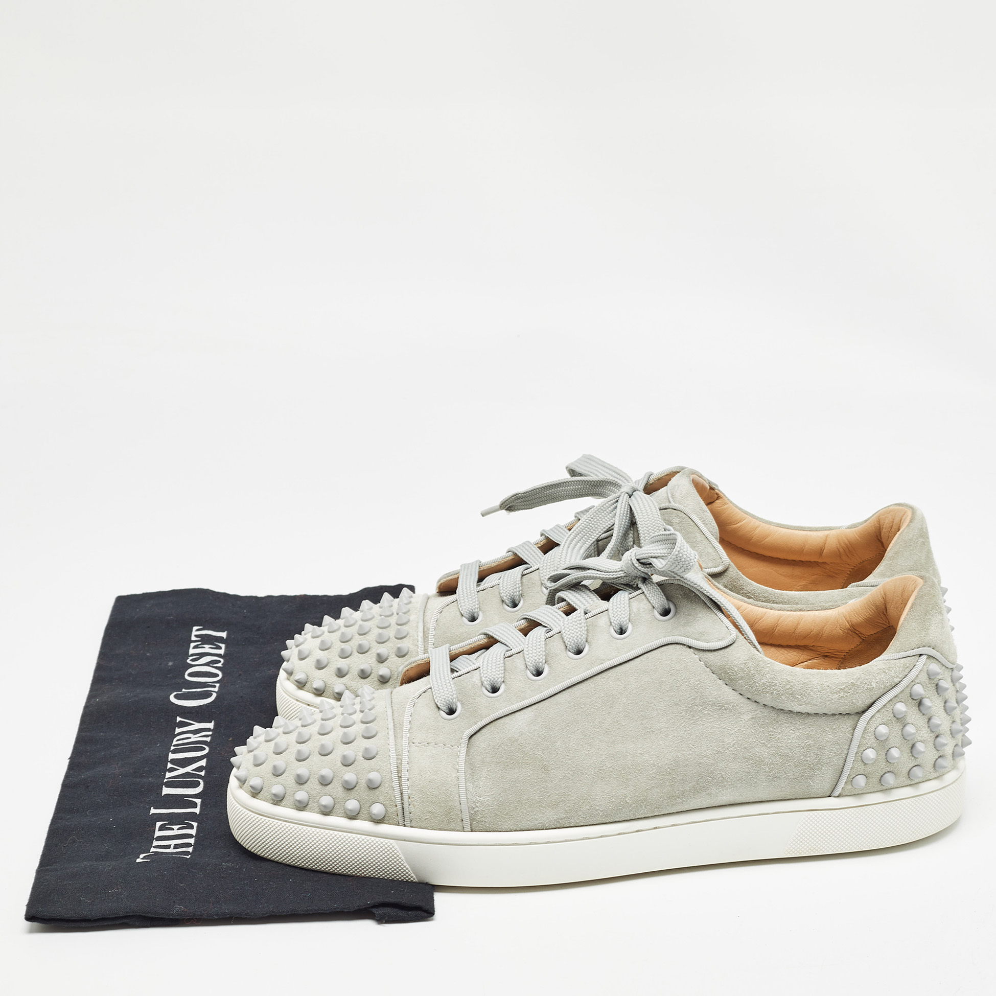 Christian Louboutin Grey Suede Louis Junior Spike Low Top Sneakers Size 45.5