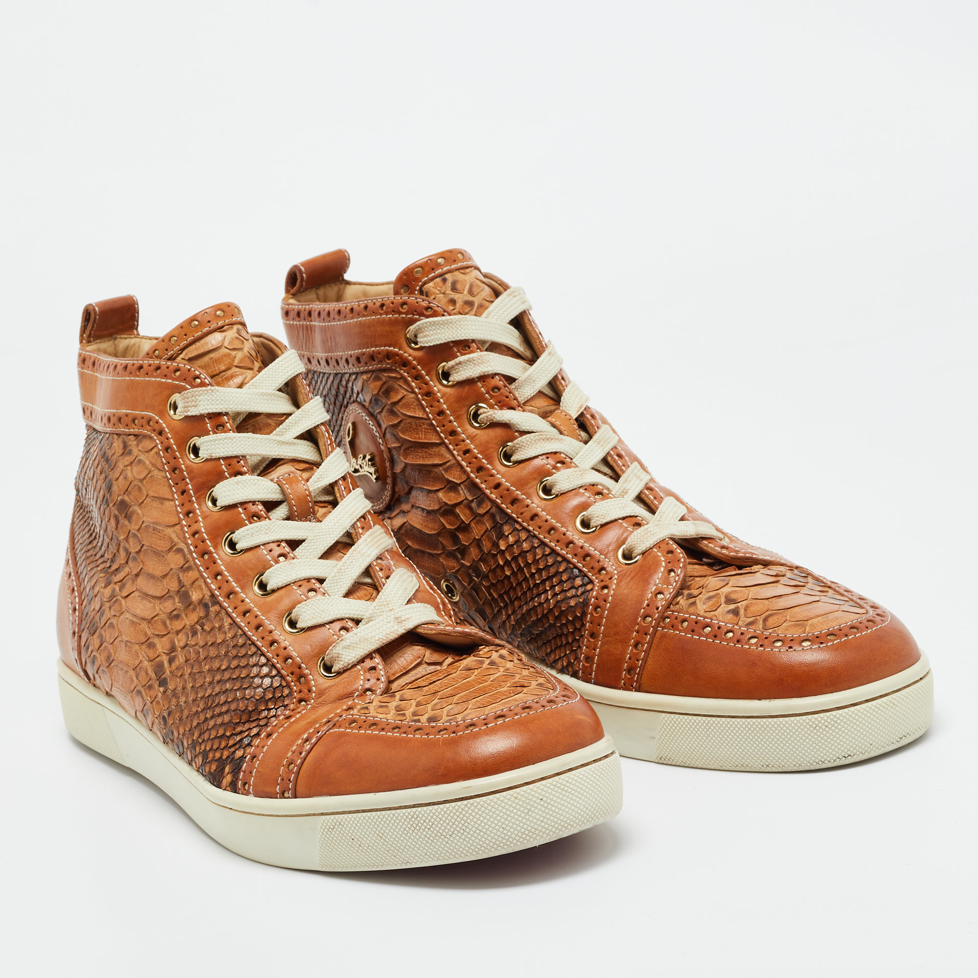 Christian Louboutin Brown Leather And Python Leather Orlato High Top Sneakers Size 44