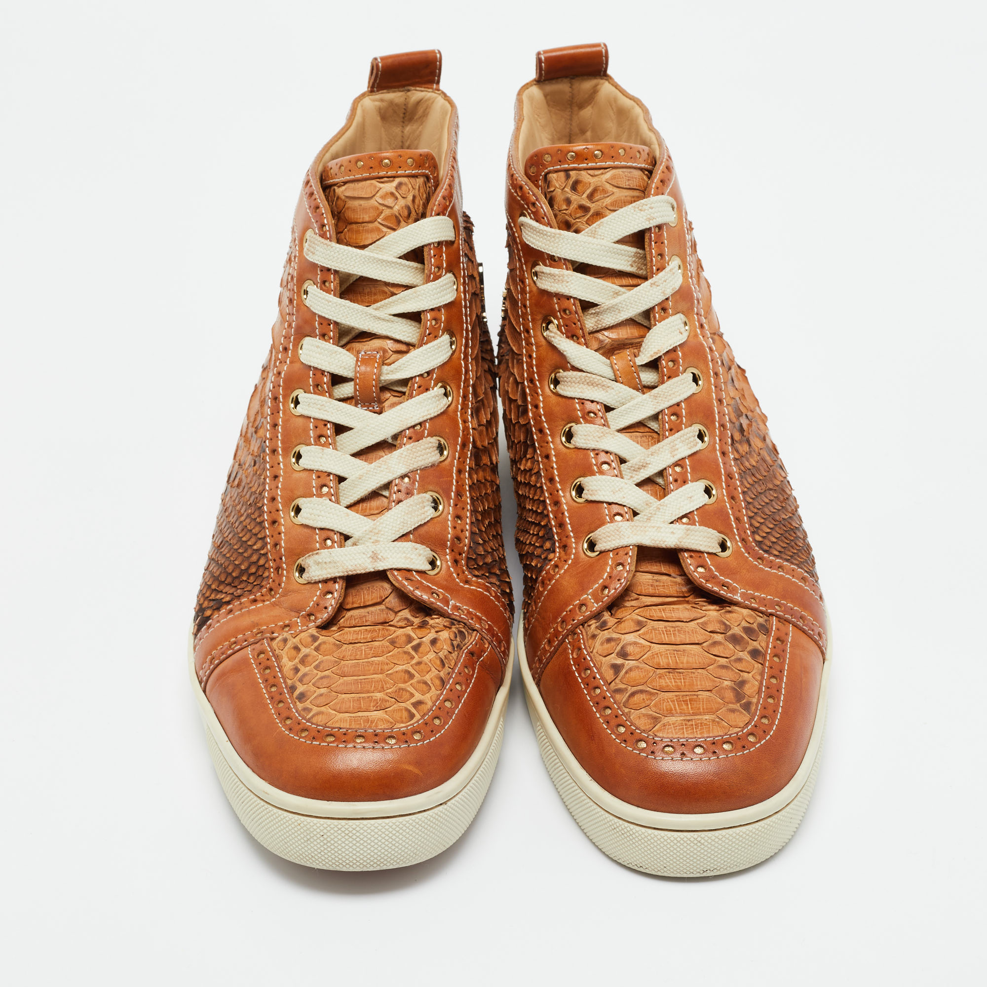 Christian Louboutin Brown Leather And Python Leather Orlato High Top Sneakers Size 44