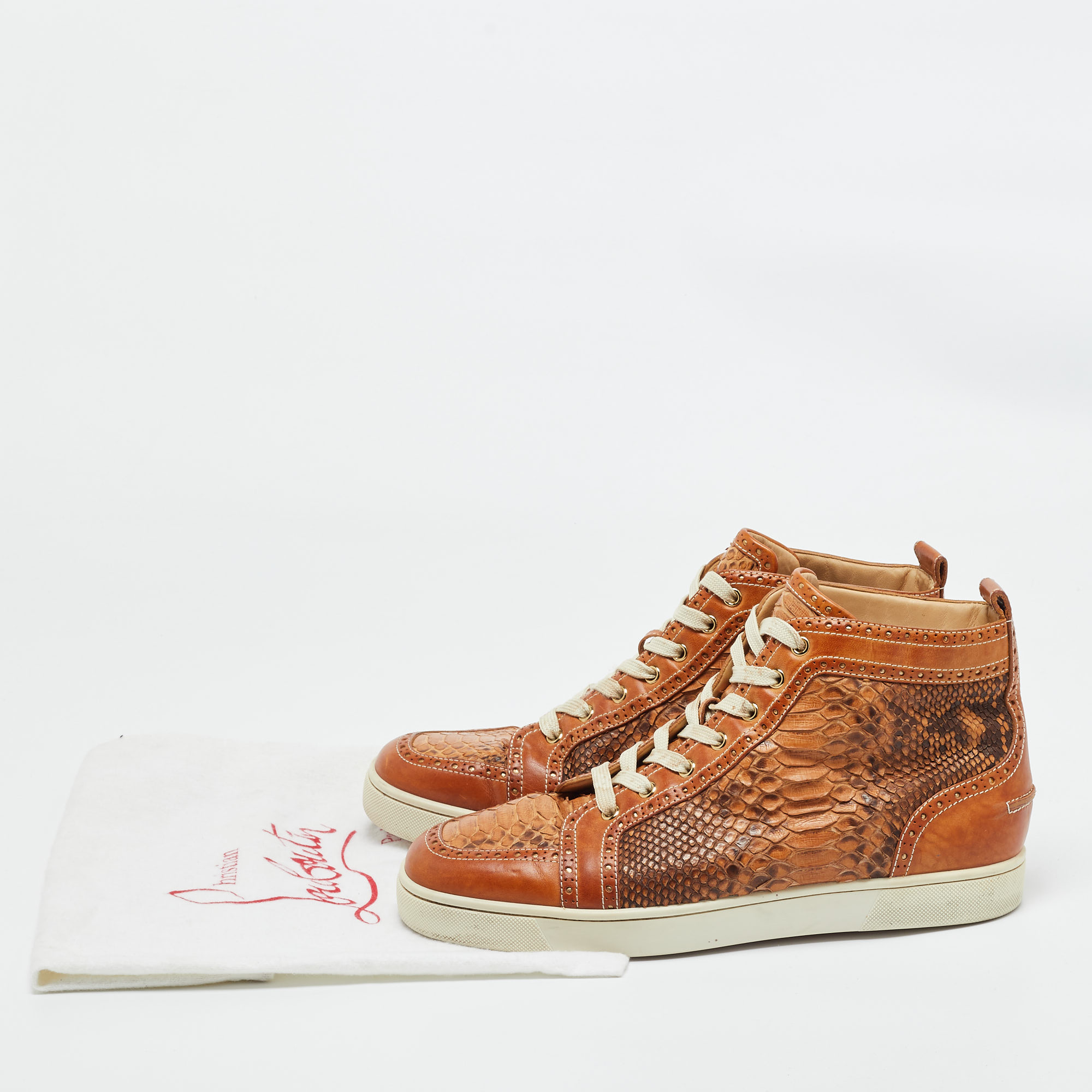 Christian Louboutin Brown Leather And Python Leather Orlato High Top Sneakers Size 44