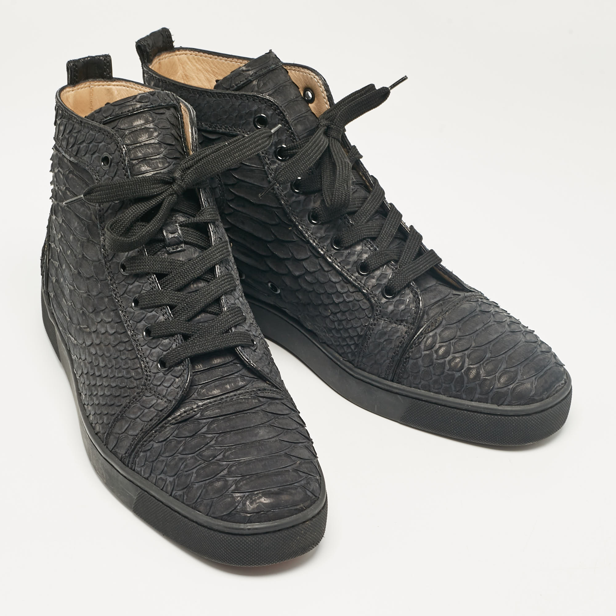 Christian Louboutin Black Python Louis Flat High Top Sneakers Size 46