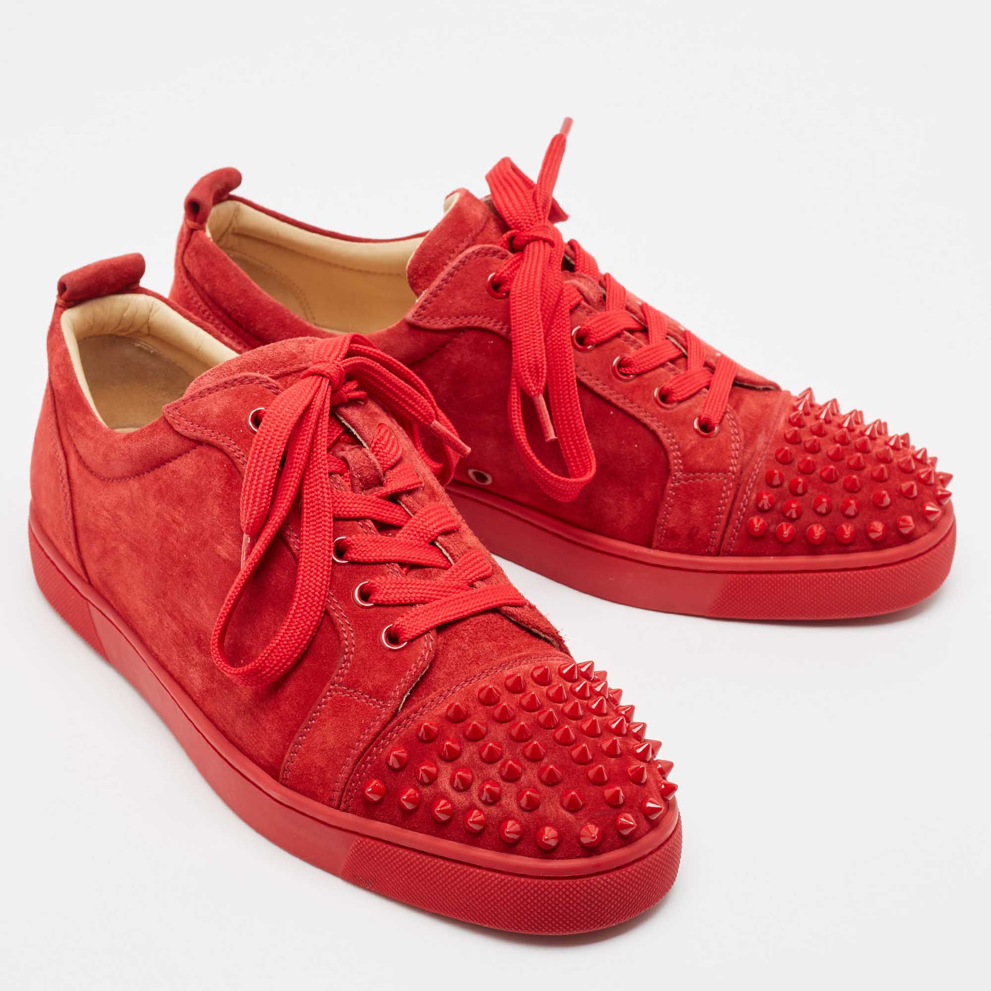 Christian Louboutin Red Suede Louis Spikes Lace Up Sneakers Size 42.5