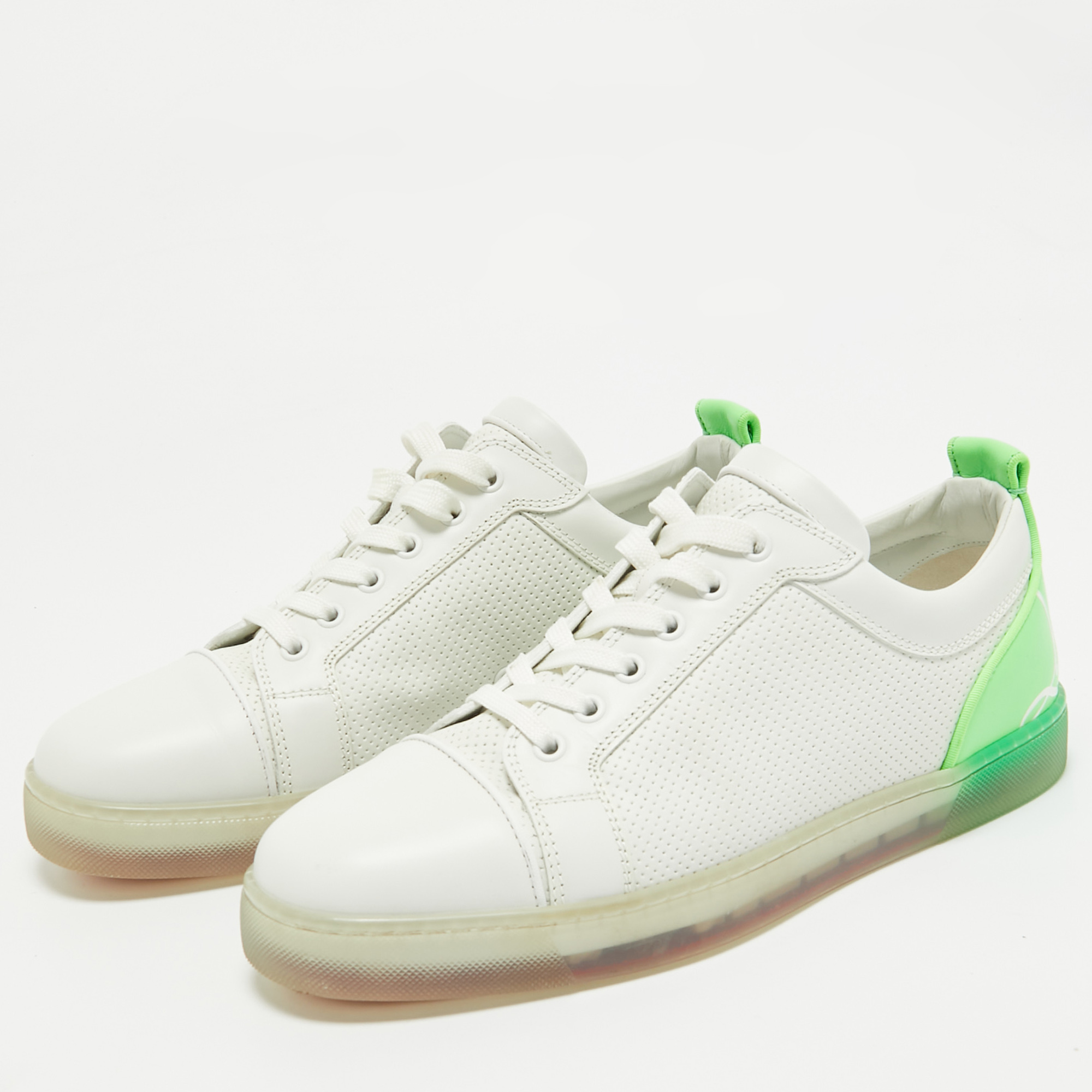 Christian Louboutin White/Green  Leather Lace Up Sneakers Size 42