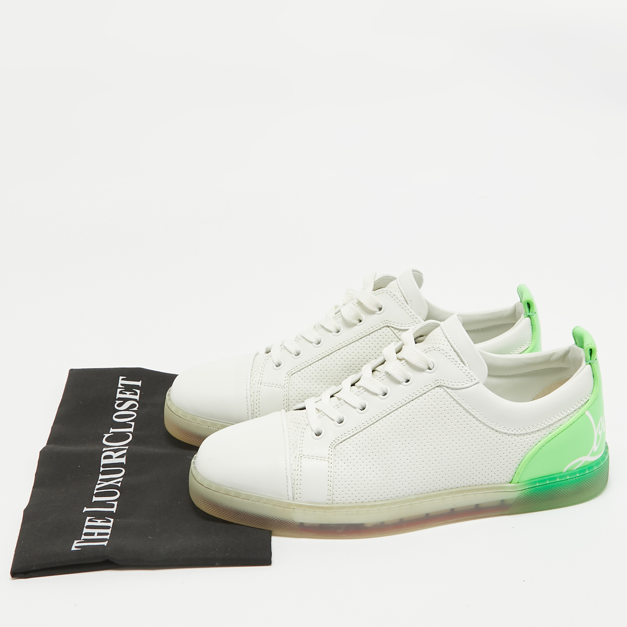 Christian Louboutin White/Green  Leather Lace Up Sneakers Size 42