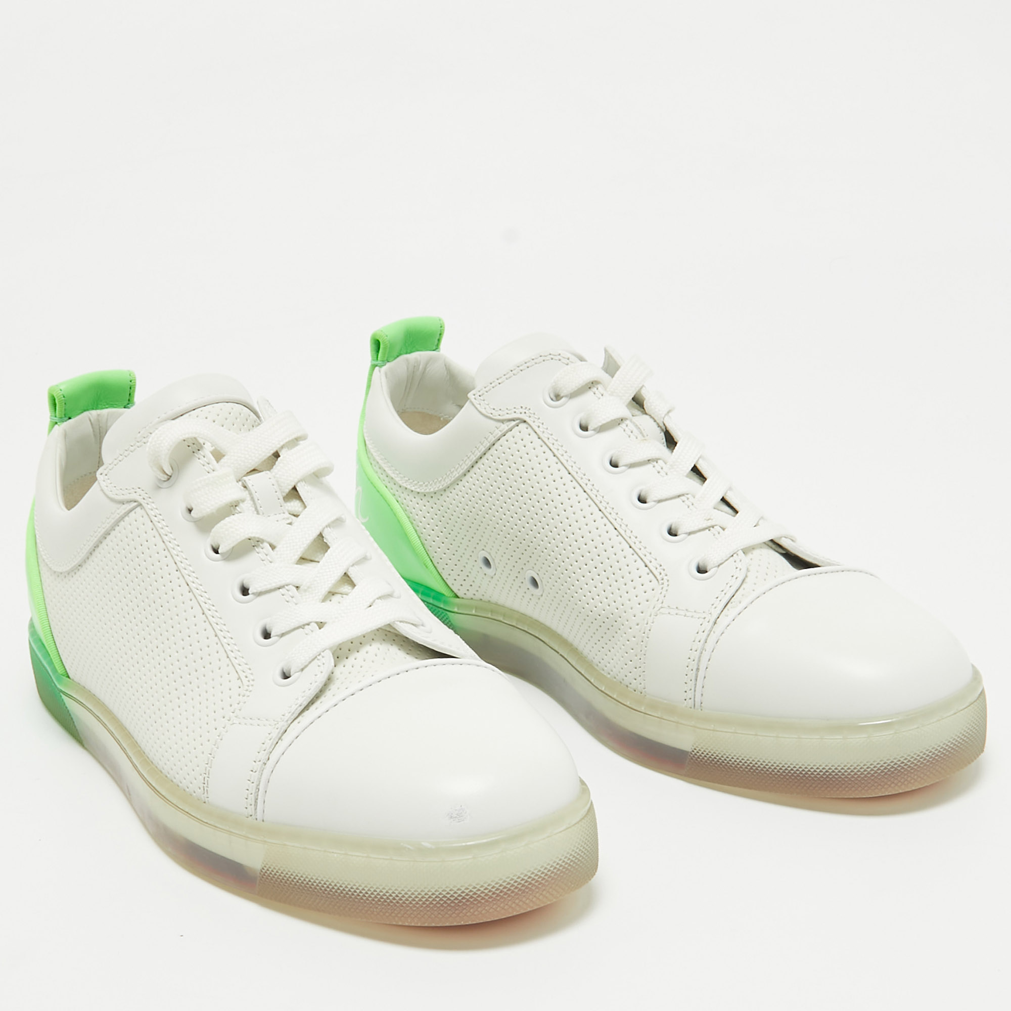 Christian Louboutin White/Green  Leather Lace Up Sneakers Size 42