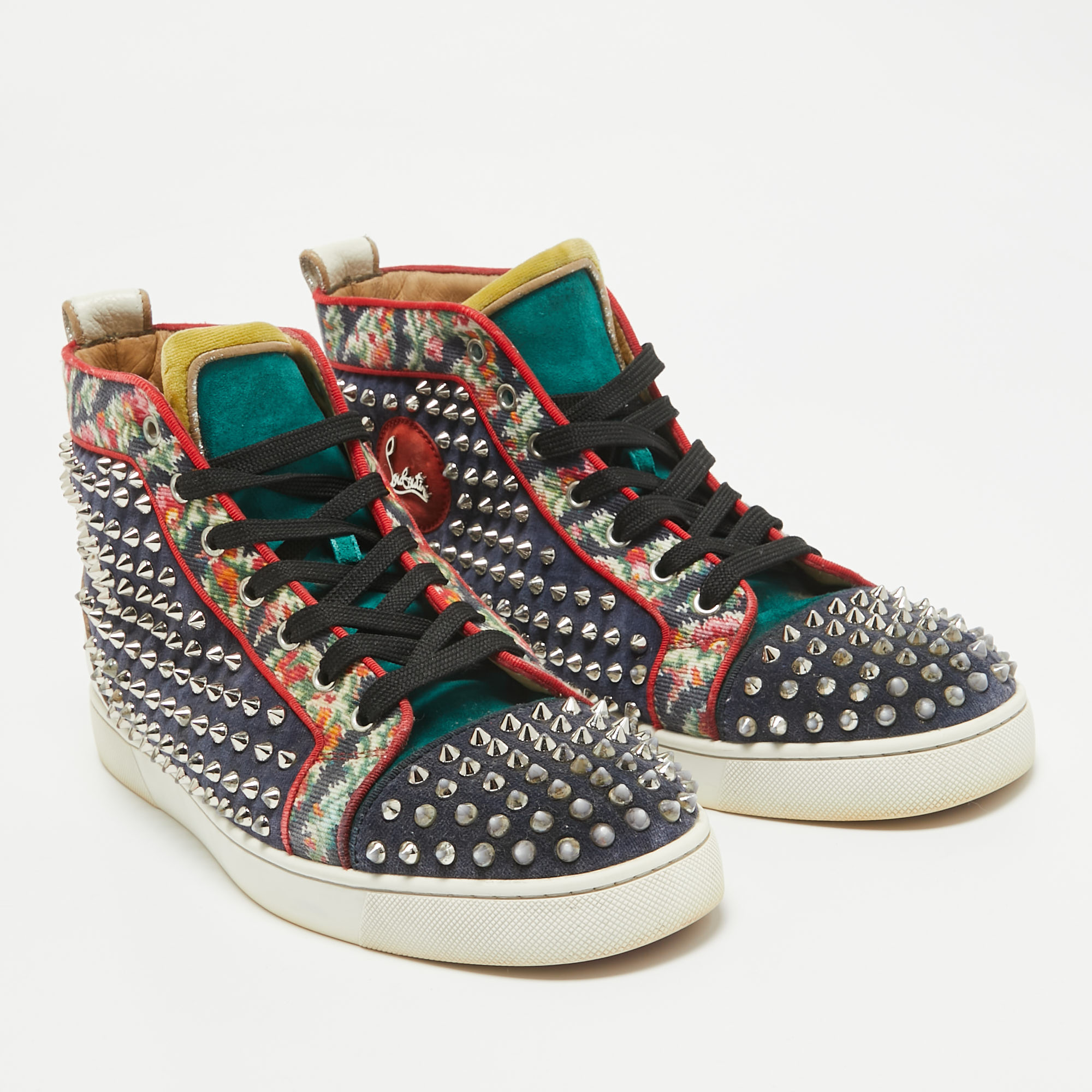 Christian Louboutin Multicolor Canvas Leather Louis Spikes High Top Sneakers Size 44