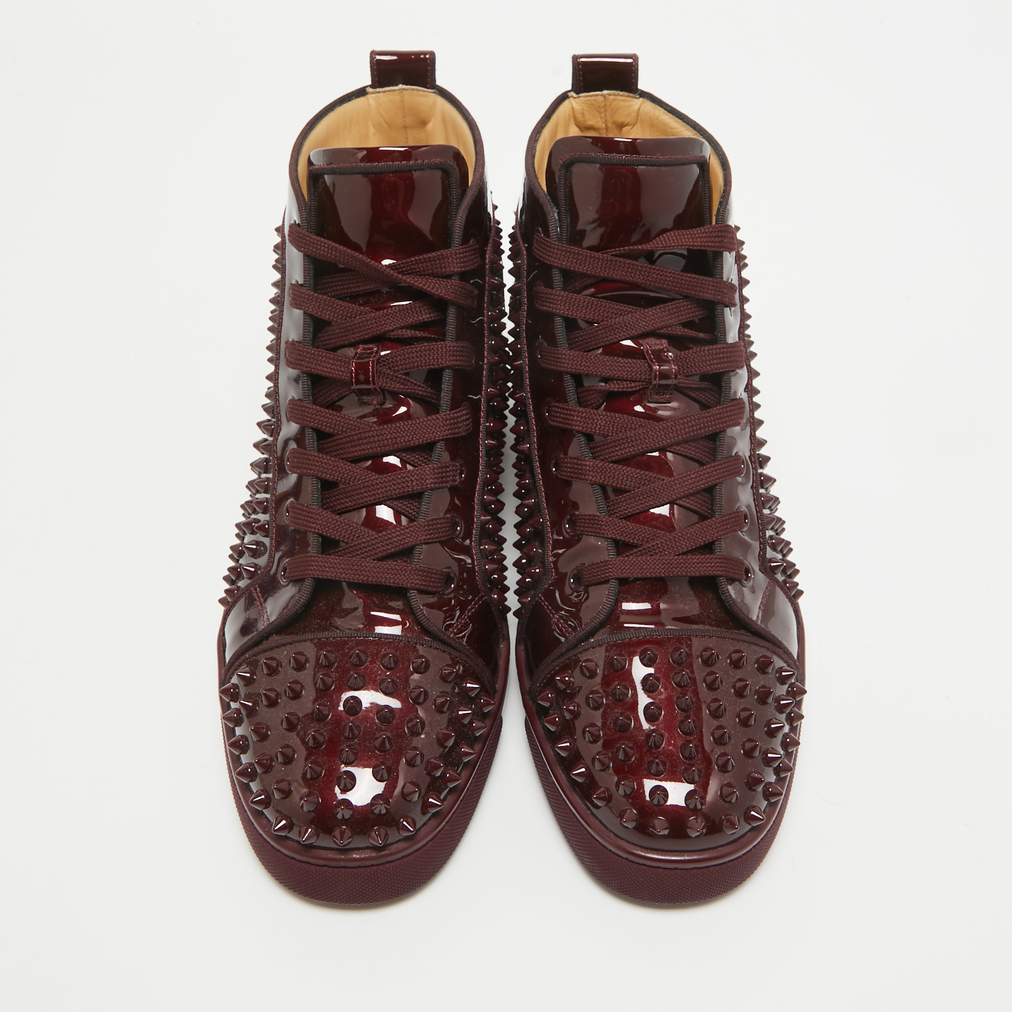 Christian Louboutin Burgundy Patent Leather Louis Spikes High Top Sneakers Size 43.5