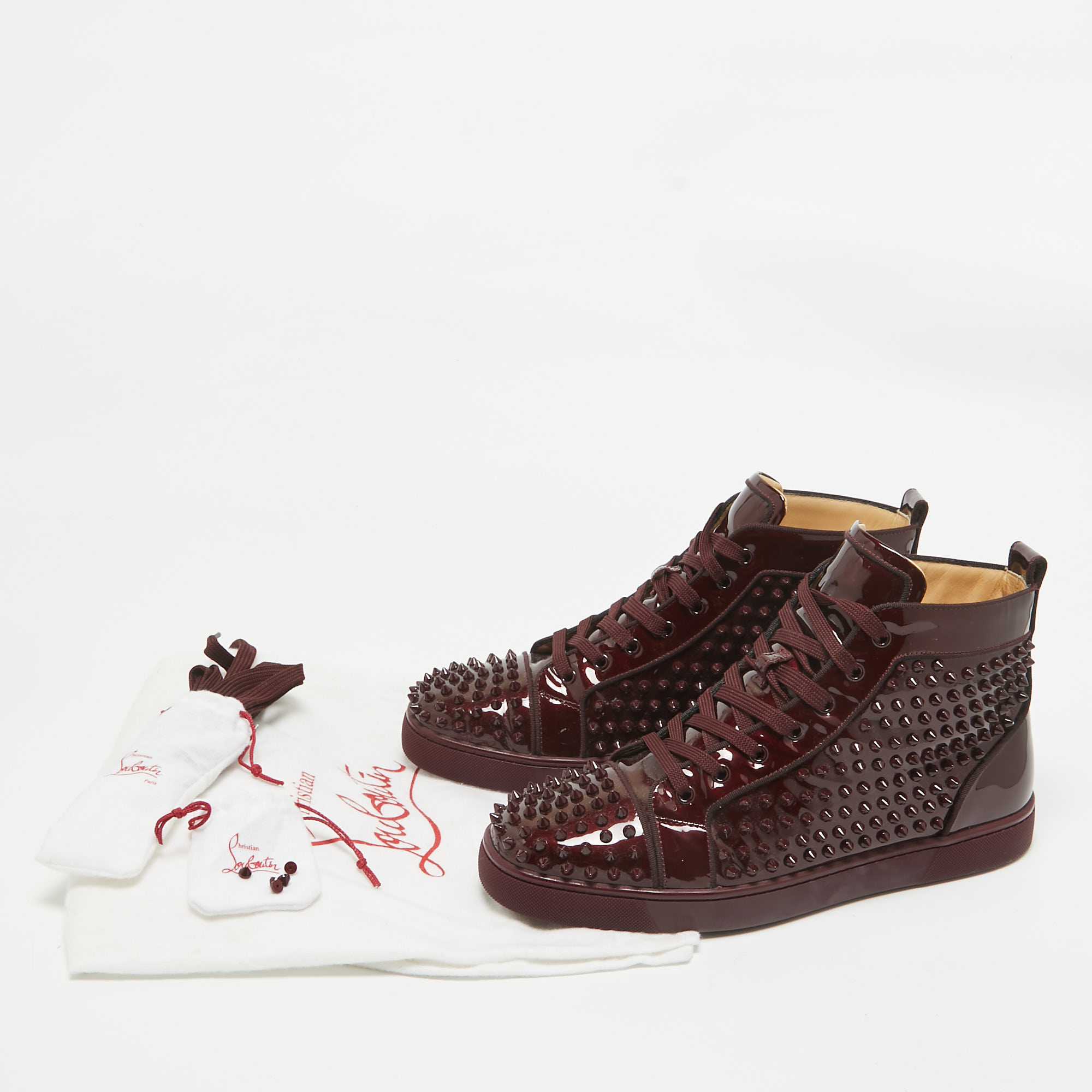 Christian Louboutin Burgundy Patent Leather Louis Spikes High Top Sneakers Size 43.5