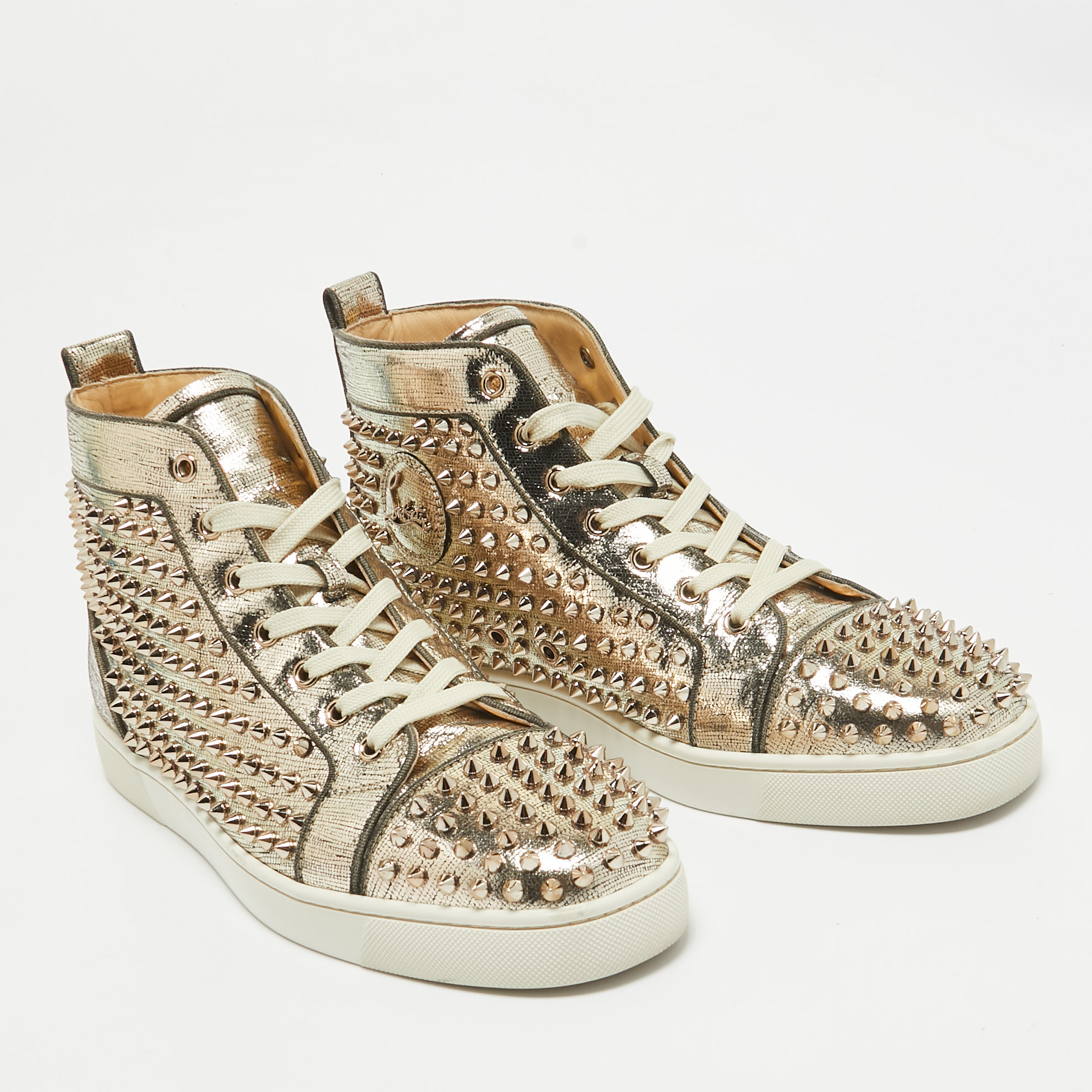 Christian Louboutin Gold Leather Louis Spikes High Top Sneakers Size 44