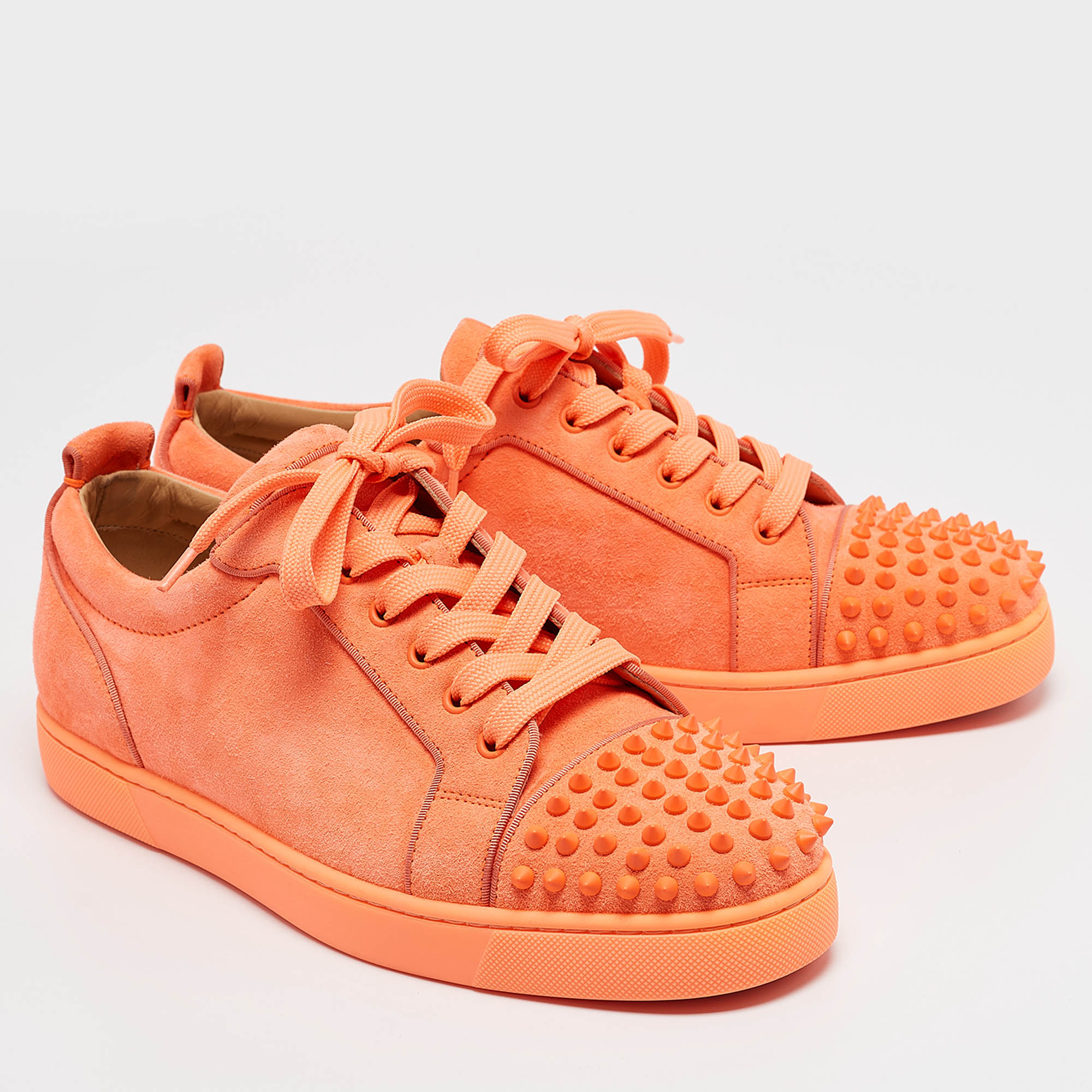 Christian Louboutin Neon Orange Suede Louis Junior Spikes Sneakers Size 44