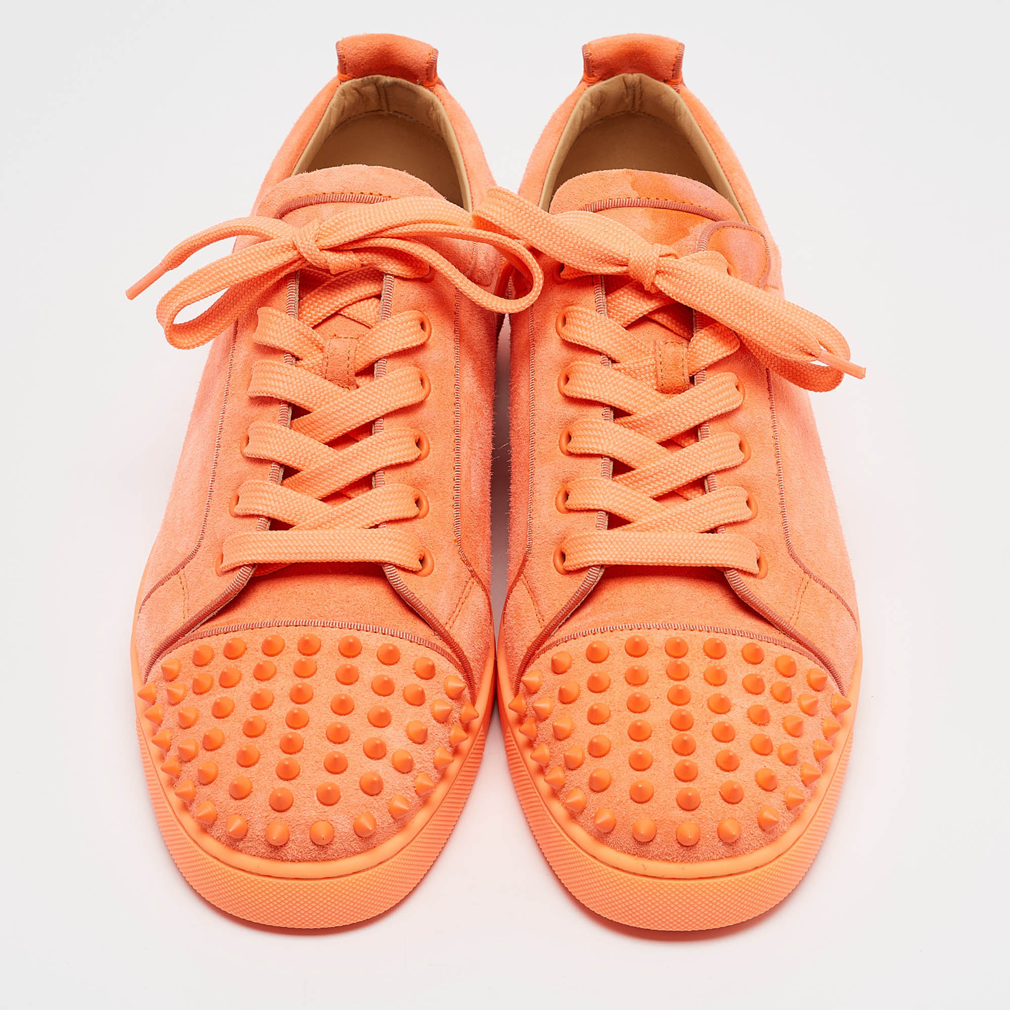 Christian Louboutin Neon Orange Suede Louis Junior Spikes Sneakers Size 44