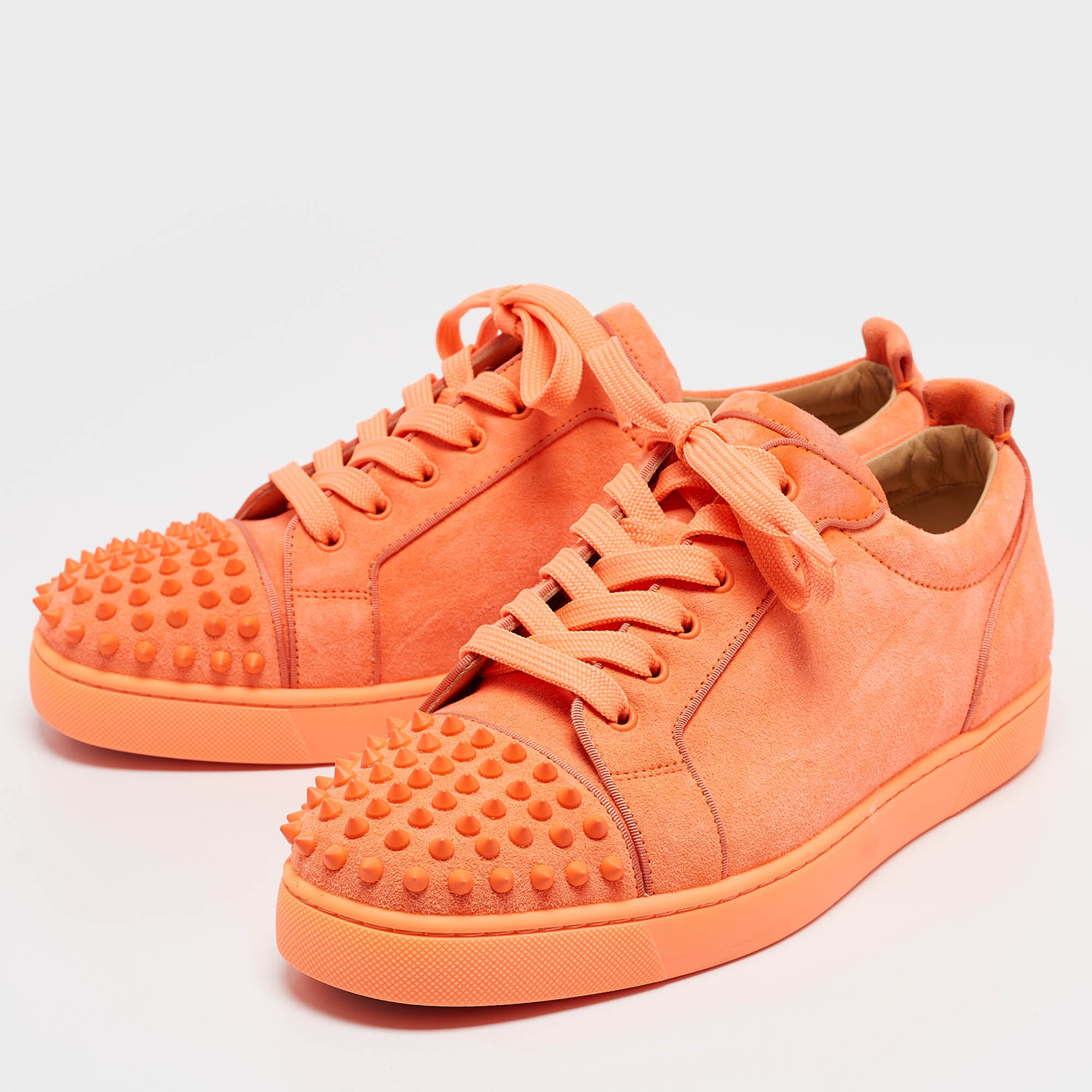 Christian Louboutin Neon Orange Suede Louis Junior Spikes Sneakers Size 44