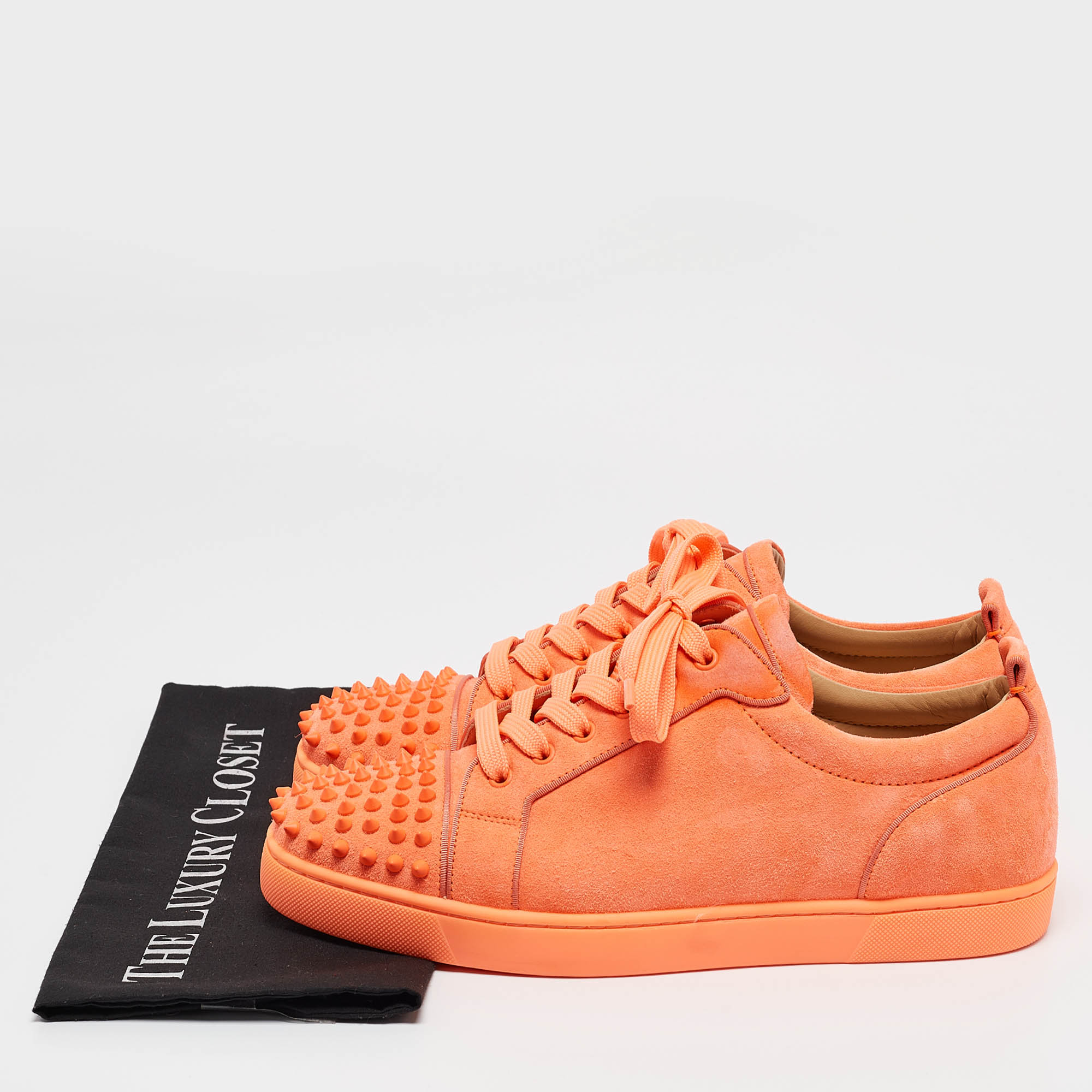 Christian Louboutin Neon Orange Suede Louis Junior Spikes Sneakers Size 44