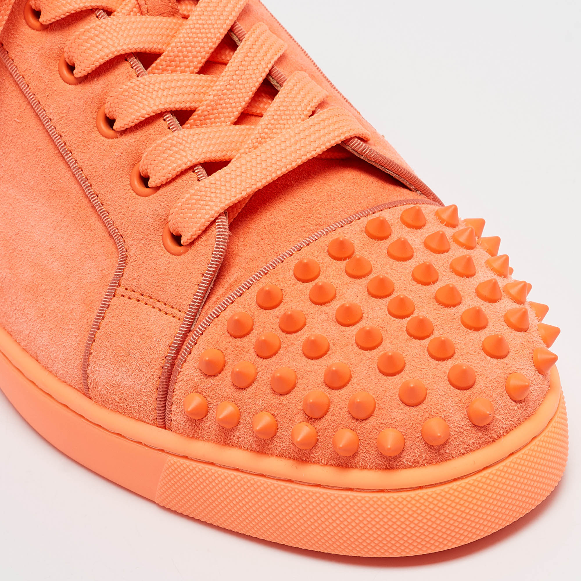 Christian Louboutin Neon Orange Suede Louis Junior Spikes Sneakers Size 44