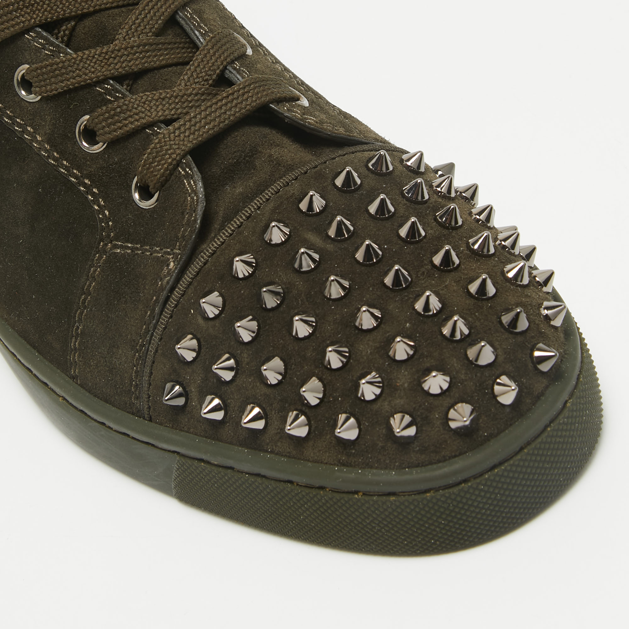 Christian Louboutin Olive Green Suede Lou Spikes Sneakers Size 43.5