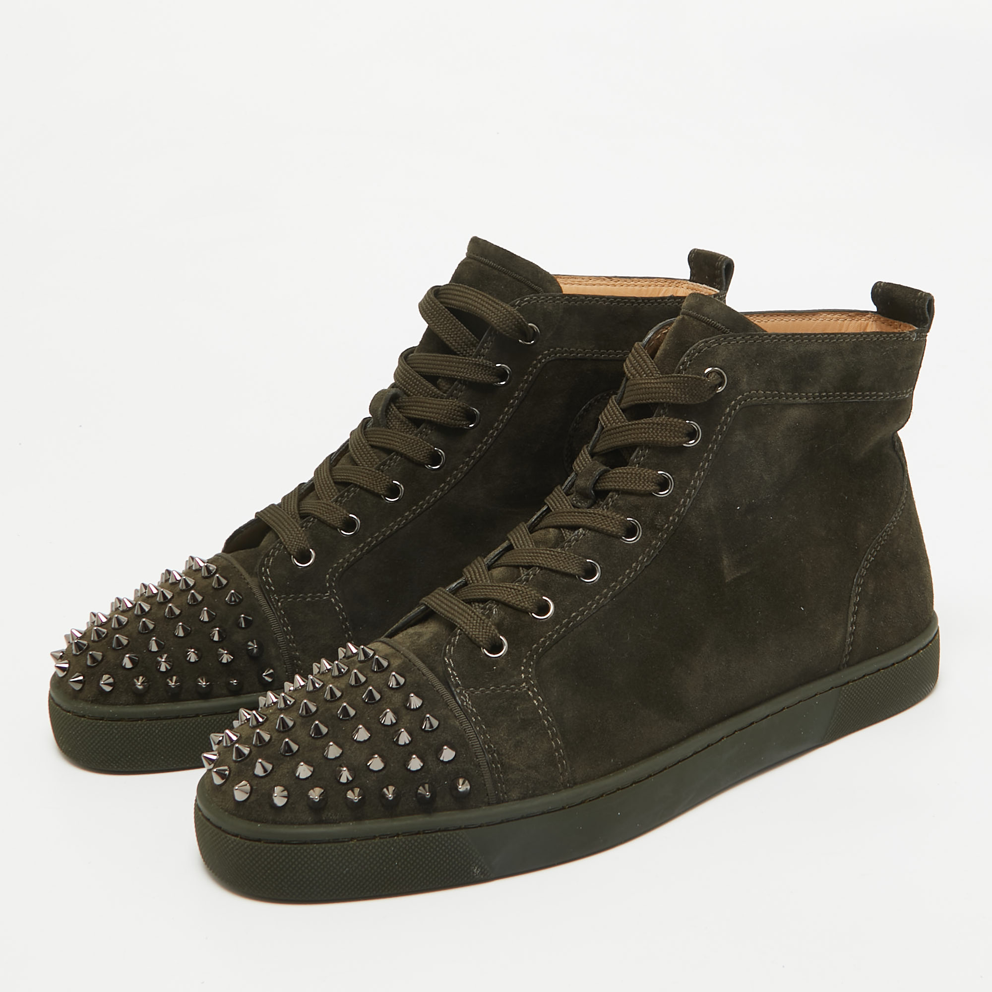 Christian Louboutin Olive Green Suede Lou Spikes Sneakers Size 43.5