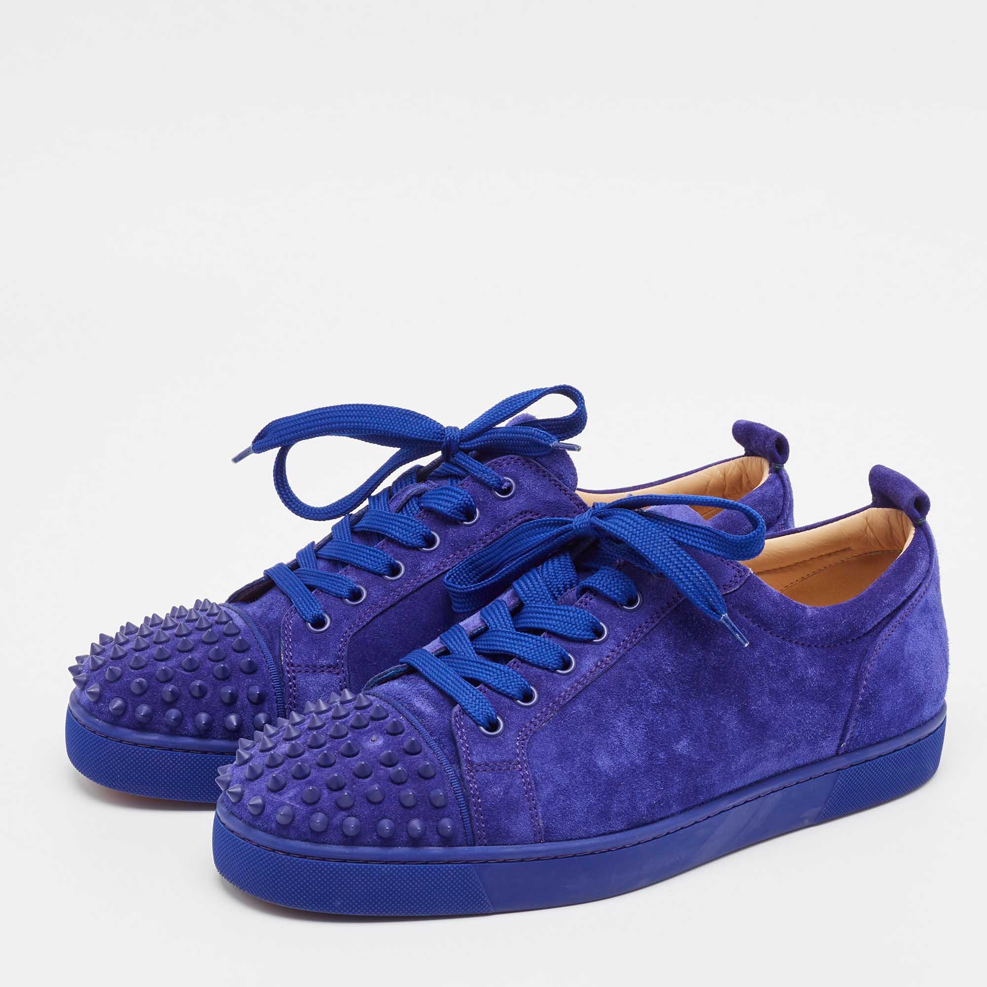 Christian Louboutin Blue Suede Louis Junior Spikes Lace Up Sneakers Size 44