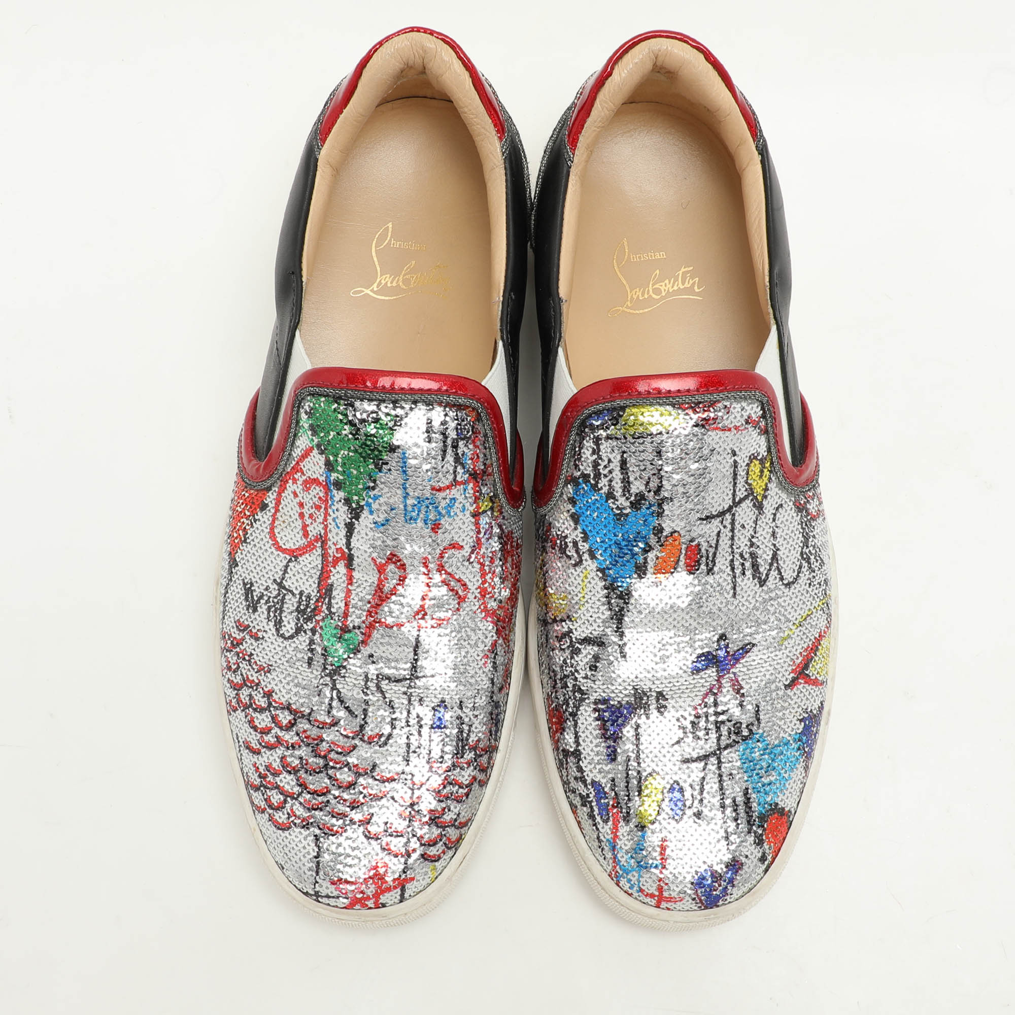 Christian Louboutin Multicolor Graffiti Sequins And Leather Slip On Sneakers Size 44