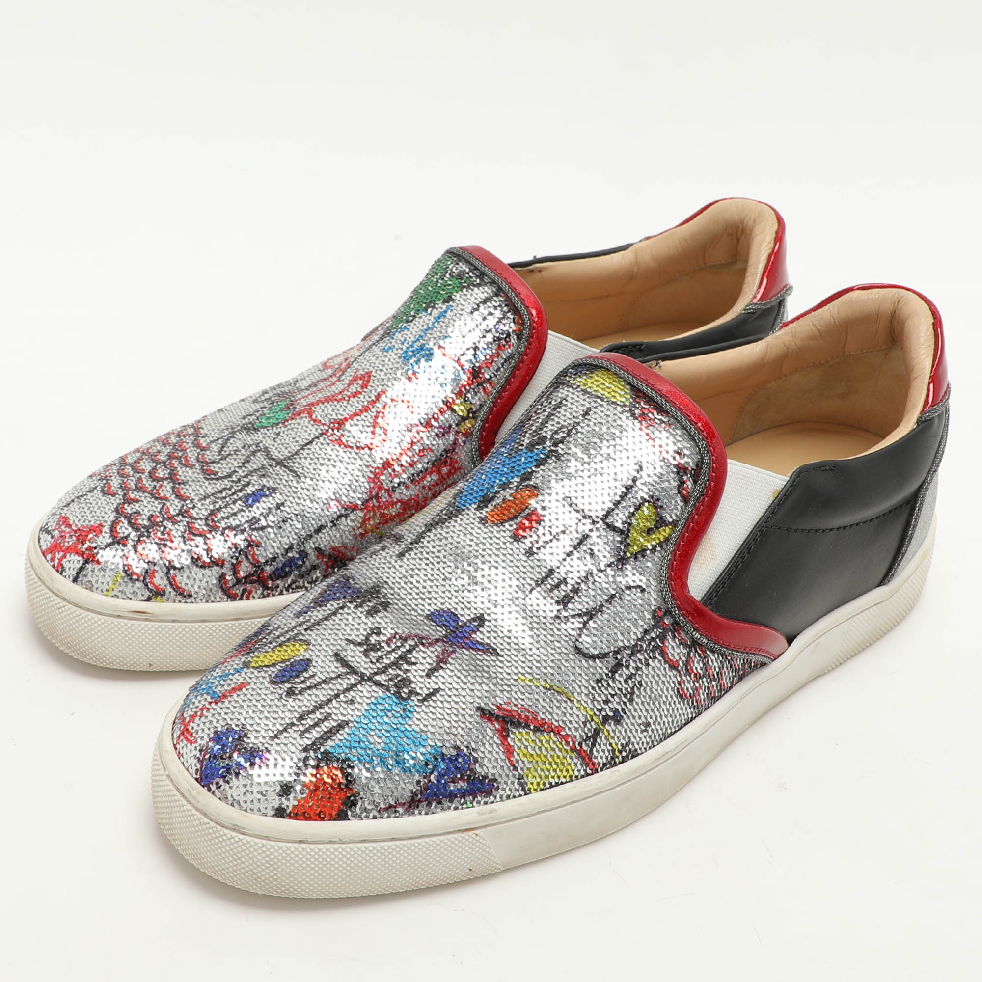 Christian Louboutin Multicolor Graffiti Sequins And Leather Slip On Sneakers Size 44