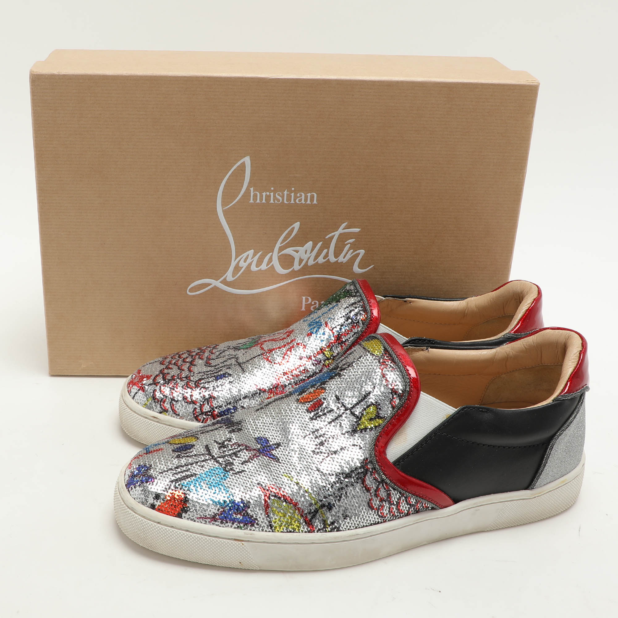 Christian Louboutin Multicolor Graffiti Sequins And Leather Slip On Sneakers Size 44