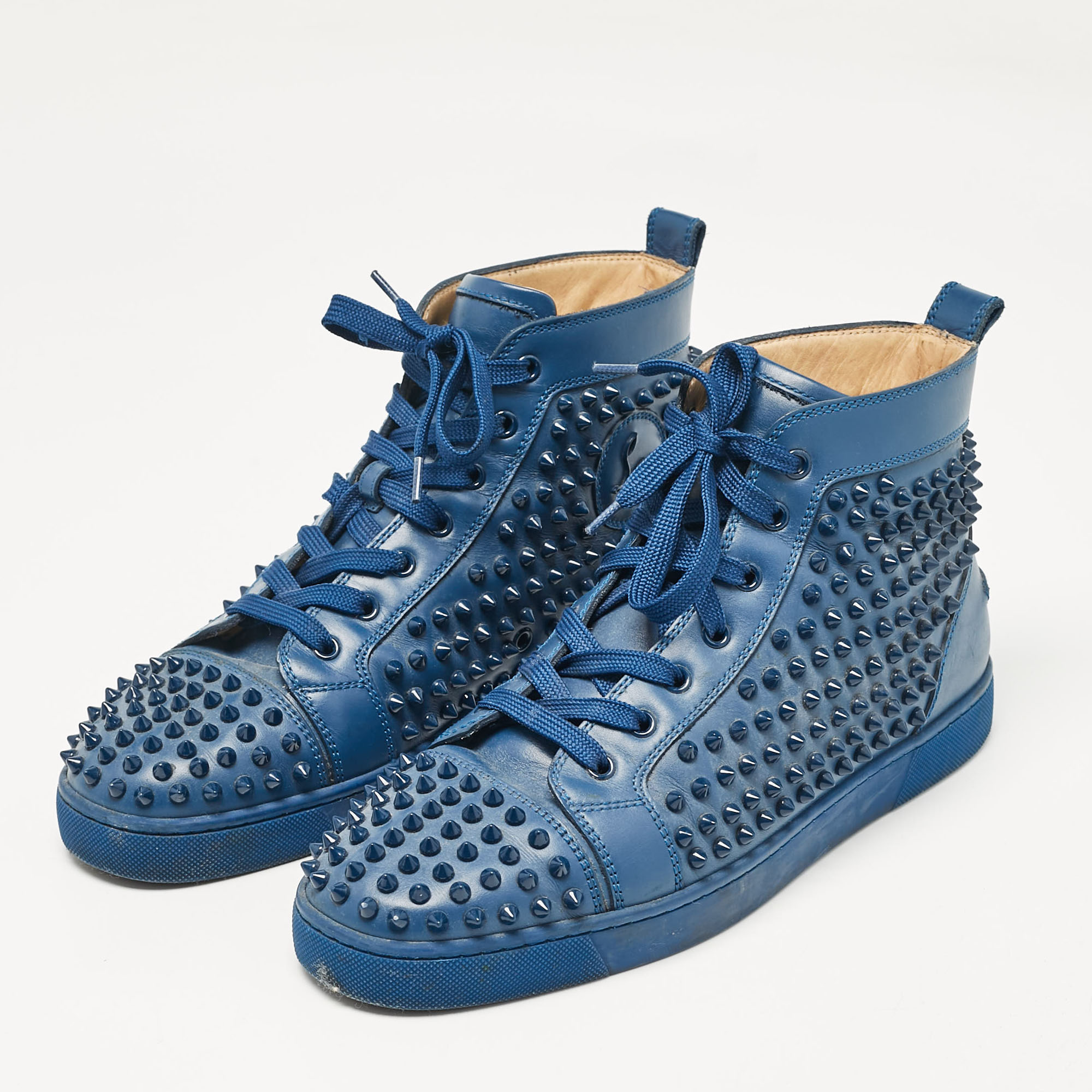 Christian Louboutin Blue Leather Louis Spikes High Top Sneakers Size 43