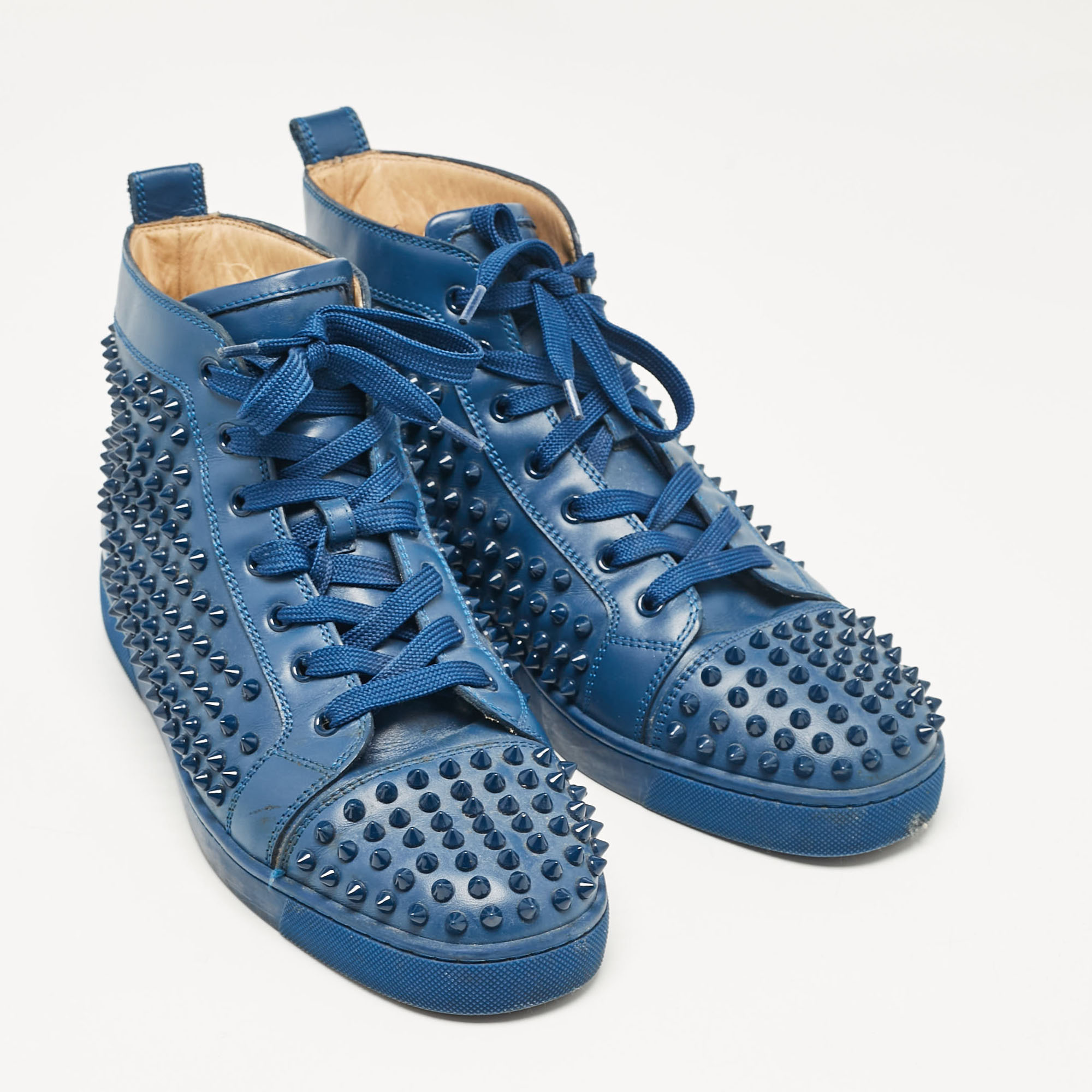 Christian Louboutin Blue Leather Louis Spikes High Top Sneakers Size 43